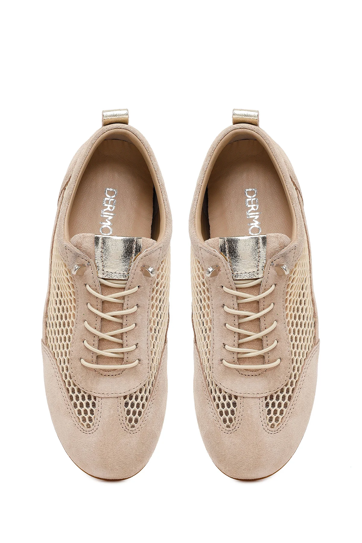 Kadın Bej Bağcıklı Fileli Deri Sneaker - Image 4