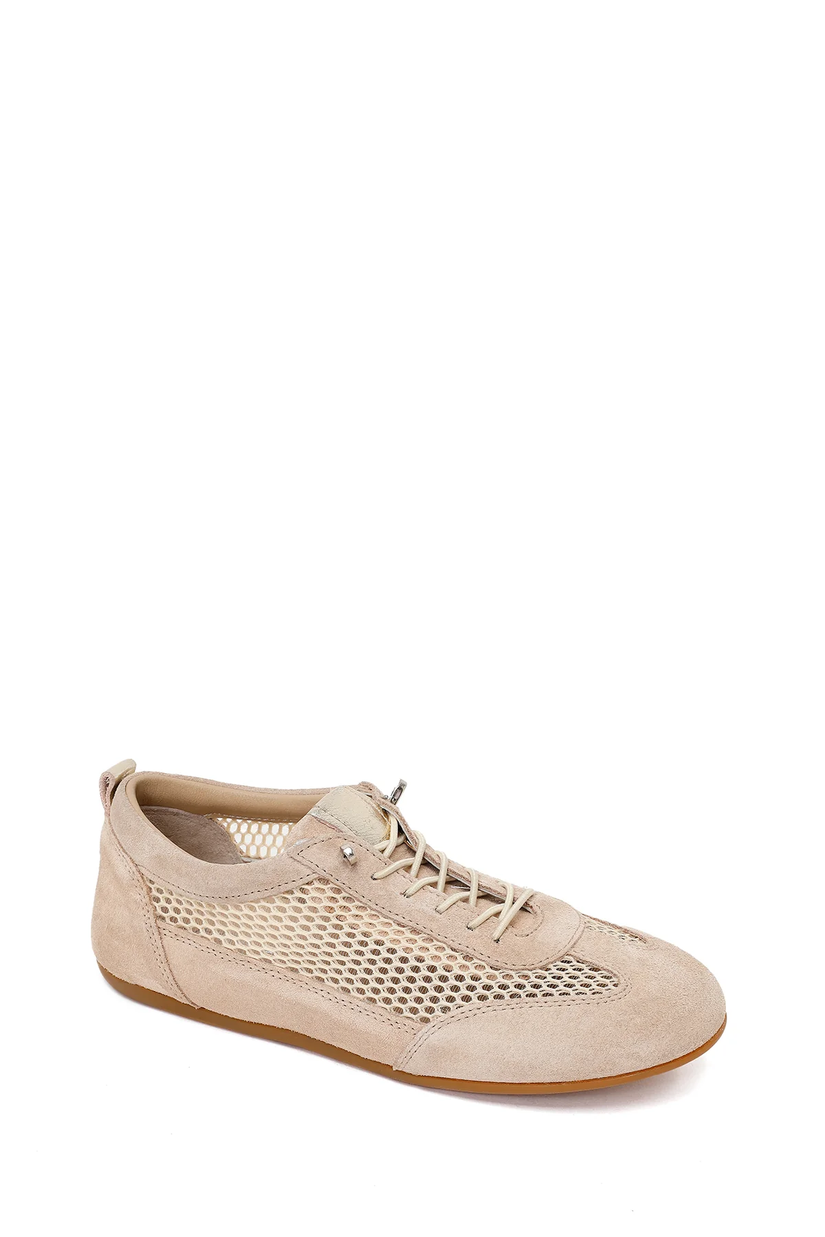 Kadın Bej Bağcıklı Fileli Deri Sneaker - Image 7