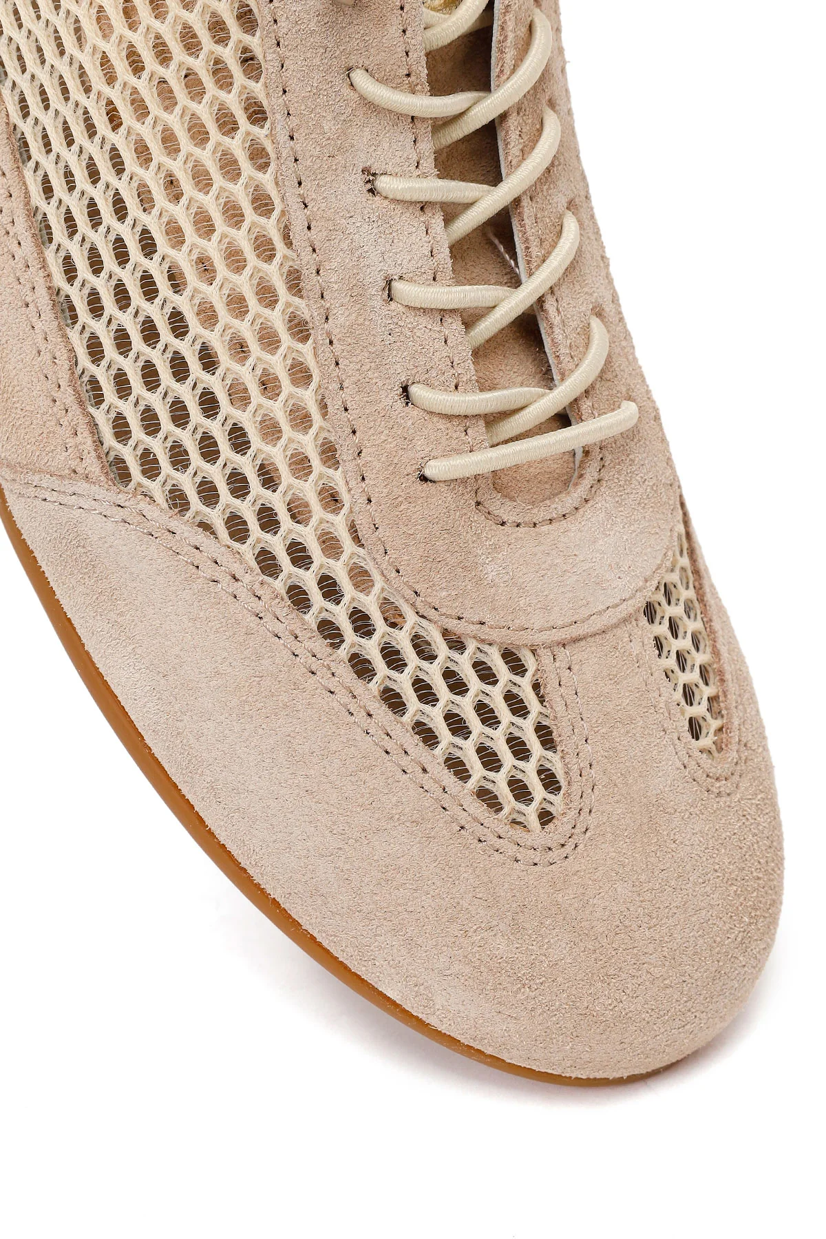 Kadın Bej Bağcıklı Fileli Deri Sneaker - Image 9