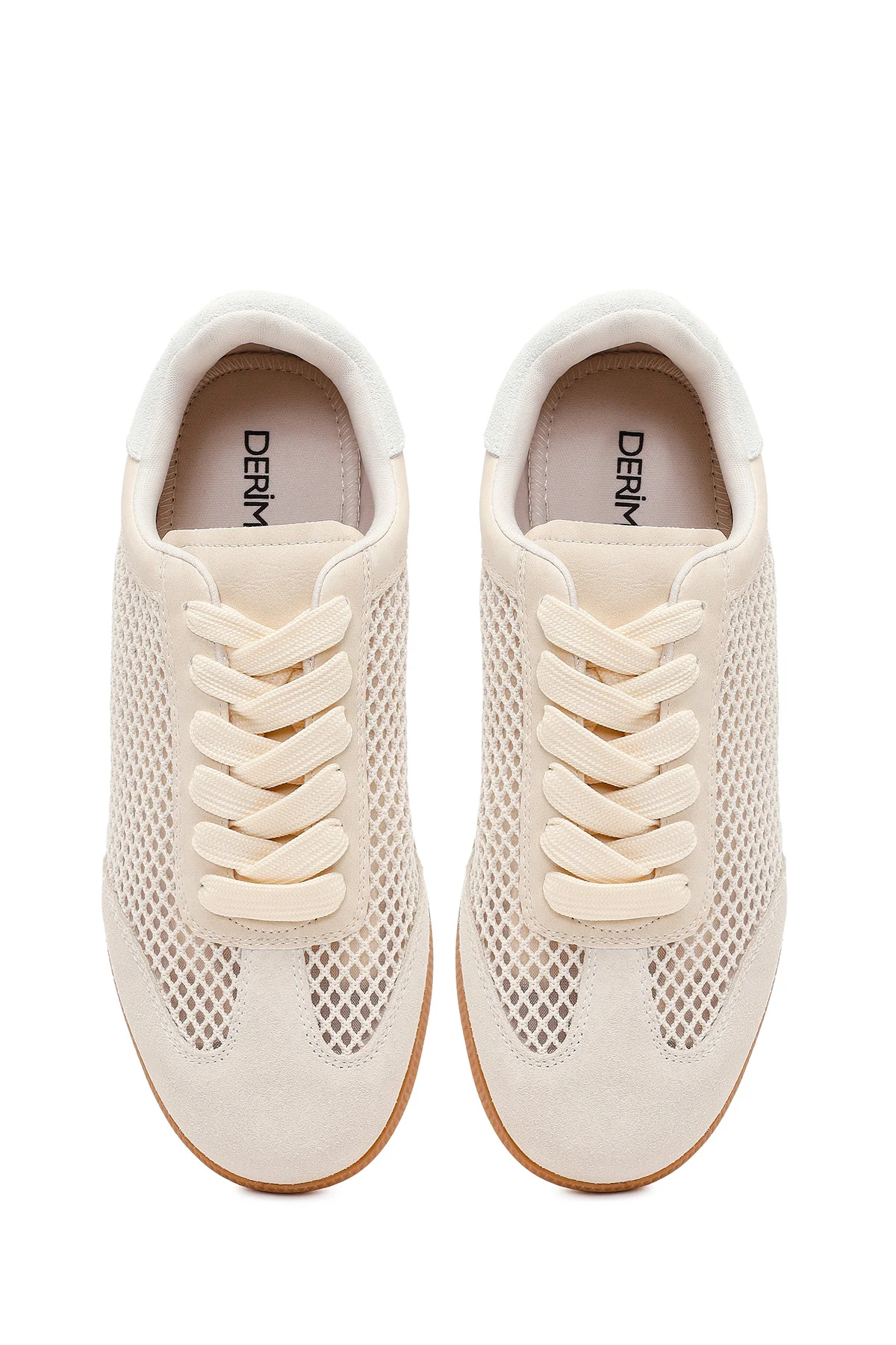 Kadın Bej Bağcıklı Fileli Süet Deri Sneaker - Image 4