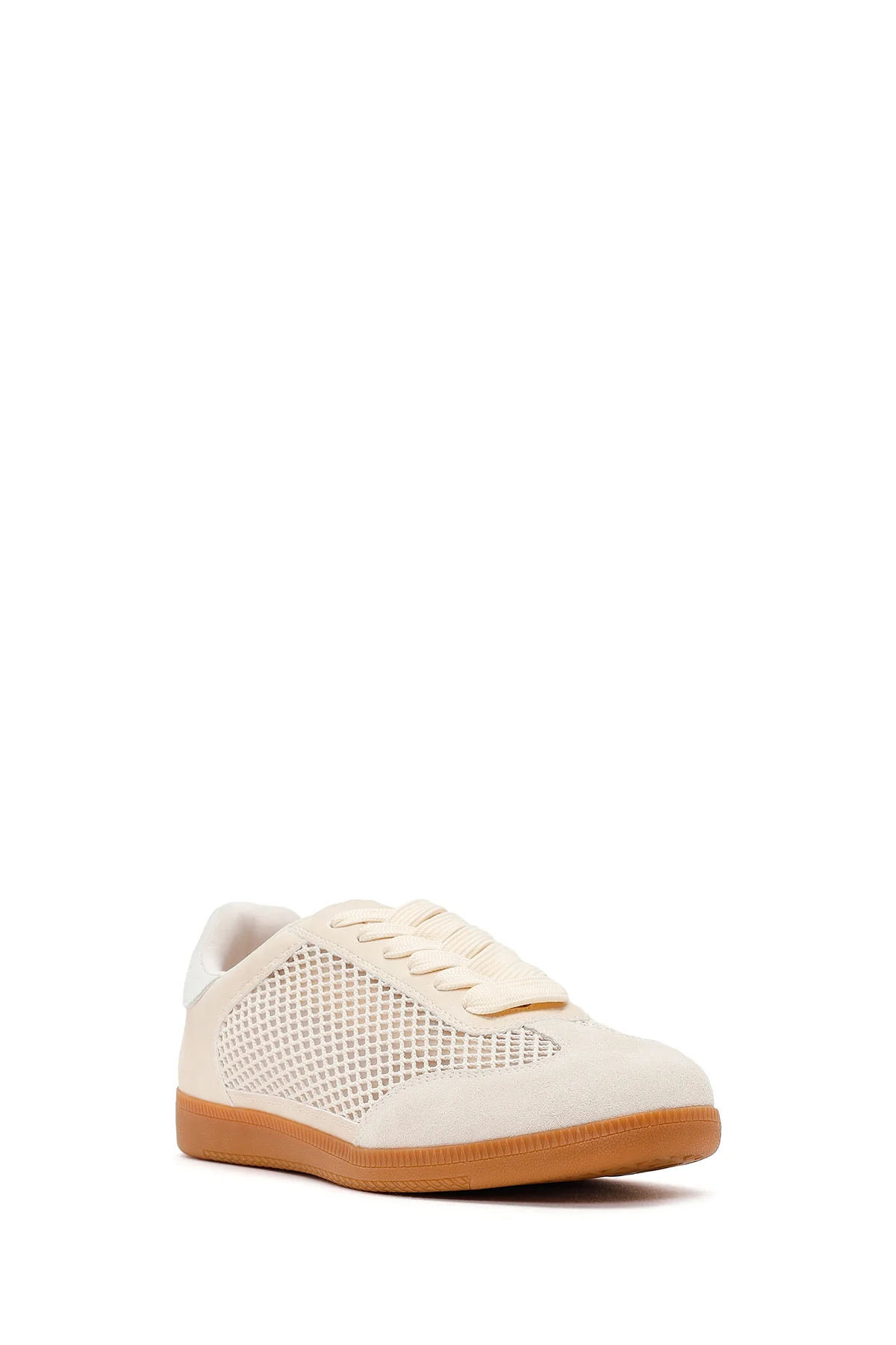 Kadın Bej Bağcıklı Fileli Süet Deri Sneaker - Image 7