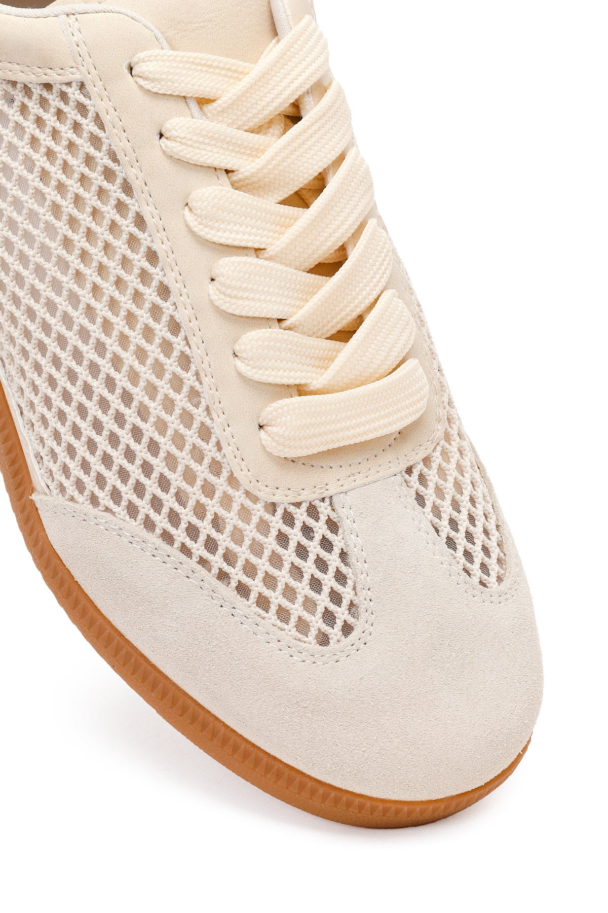 Kadın Bej Bağcıklı Fileli Süet Deri Sneaker - Image 9