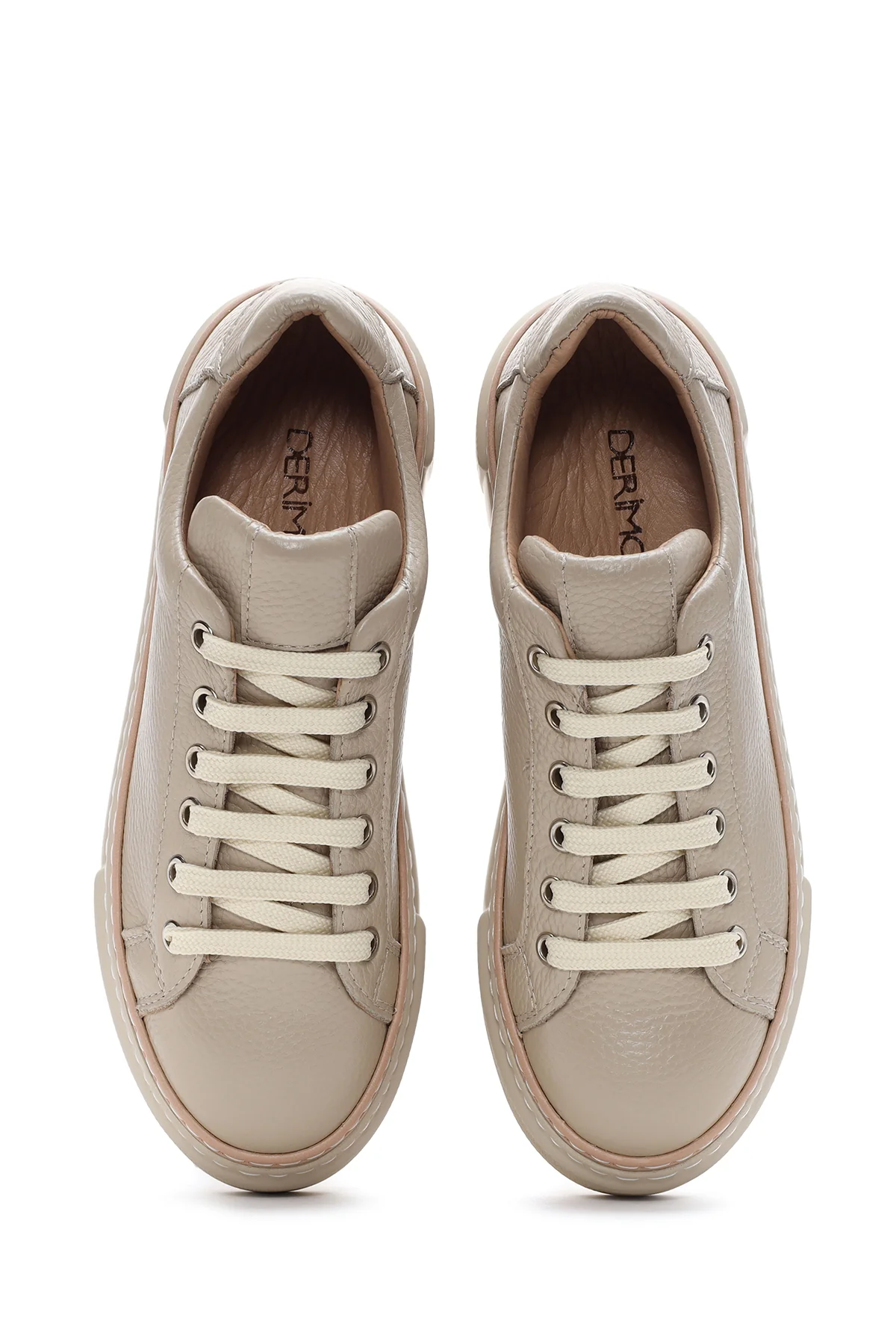 Kadın Bej Bağcıklı Kalın Tabanlı Deri Sneaker - Image 6