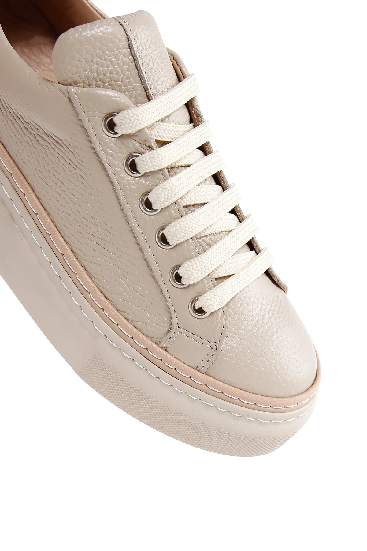Kadın Bej Bağcıklı Kalın Tabanlı Deri Sneaker - Image 9