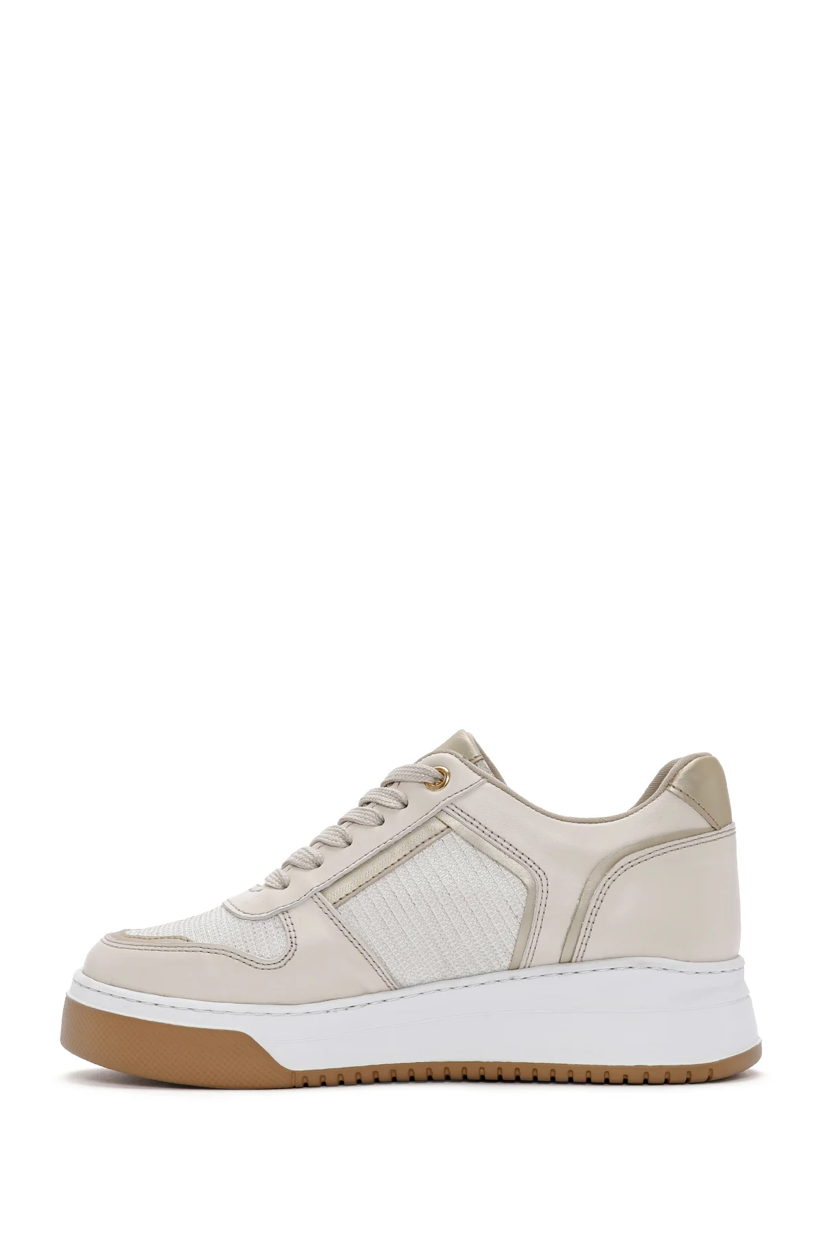 Kadın Bej Bağcıklı Kalın Tabanlı Deri Sneaker - Image 2