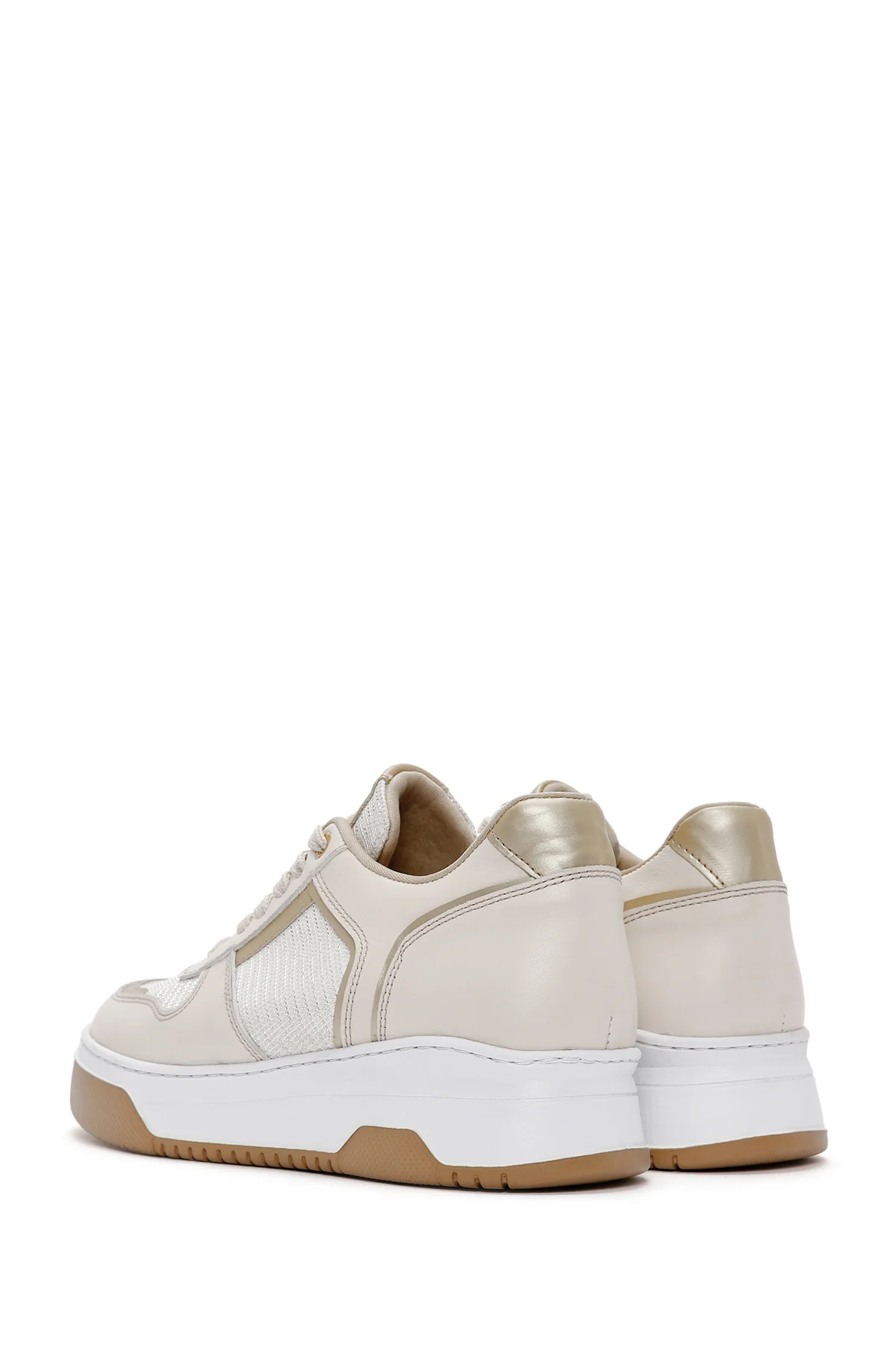 Kadın Bej Bağcıklı Kalın Tabanlı Deri Sneaker - Image 5