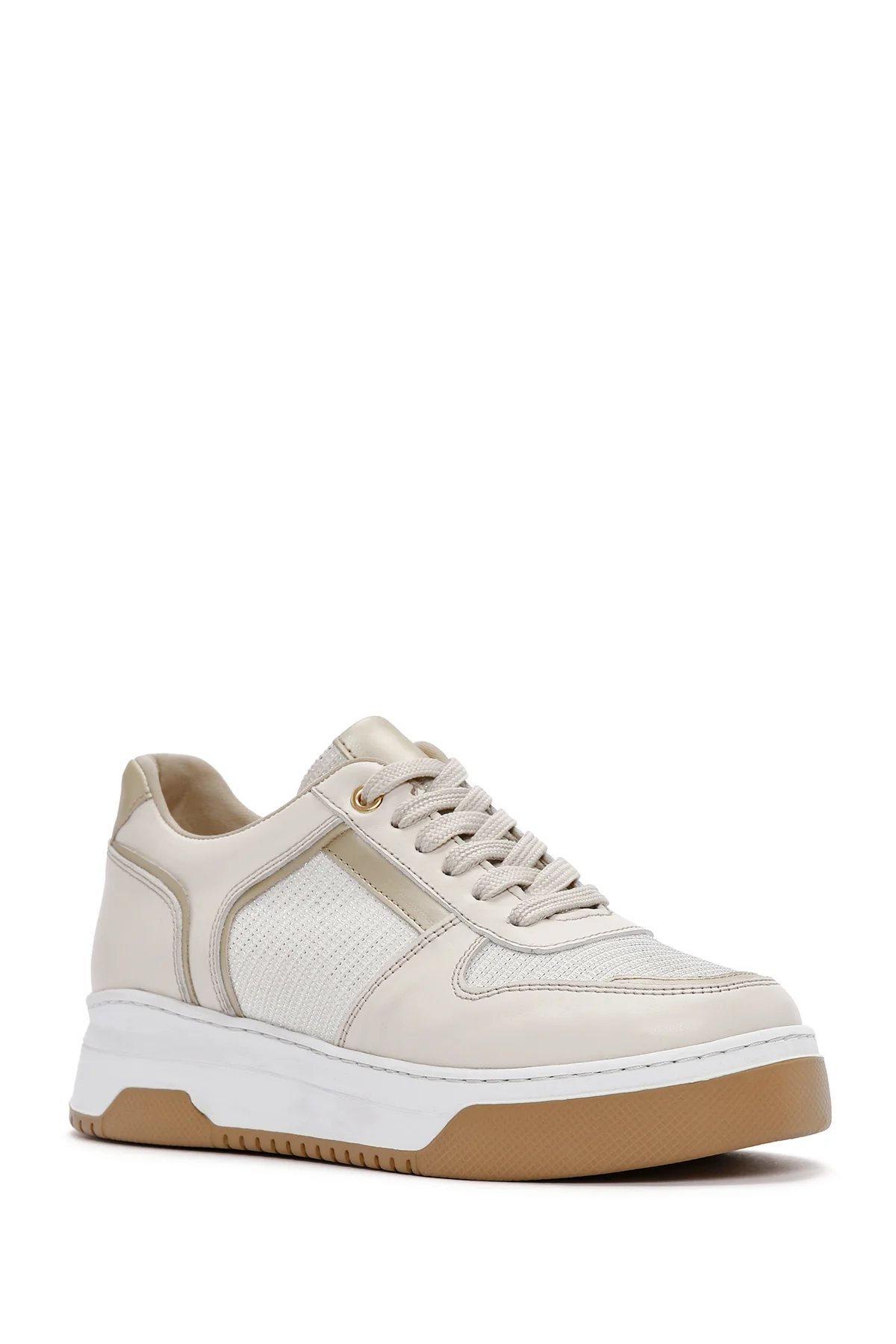 Kadın Bej Bağcıklı Kalın Tabanlı Deri Sneaker - Image 6