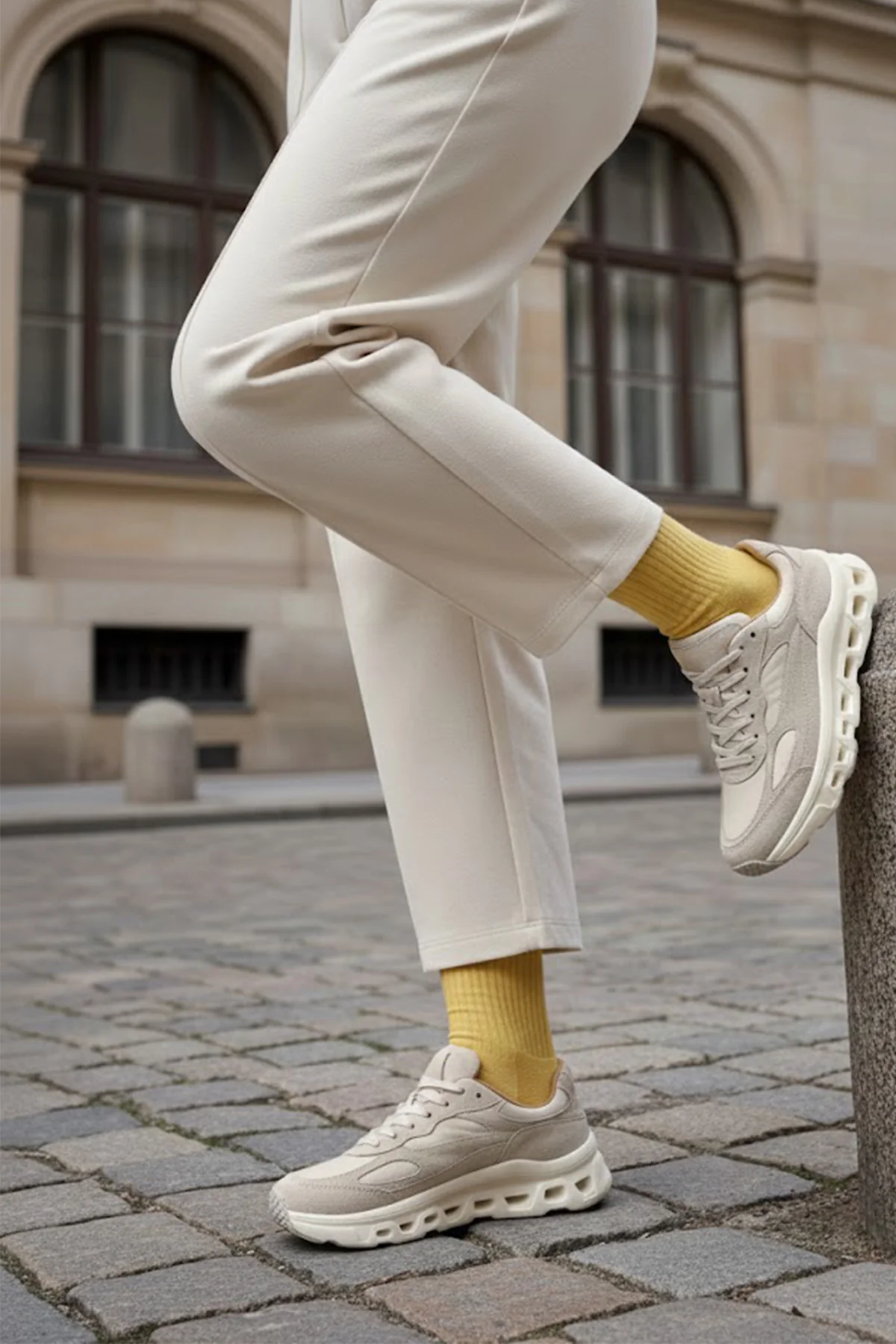 Kadın Bej Bağcıklı Kalın Tabanlı Deri Sneaker - Image 2