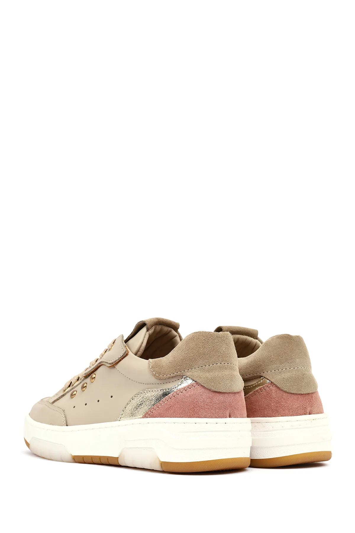 Kadın Bej Bağcıklı Kalın Tabanlı Deri Sneaker - Image 5