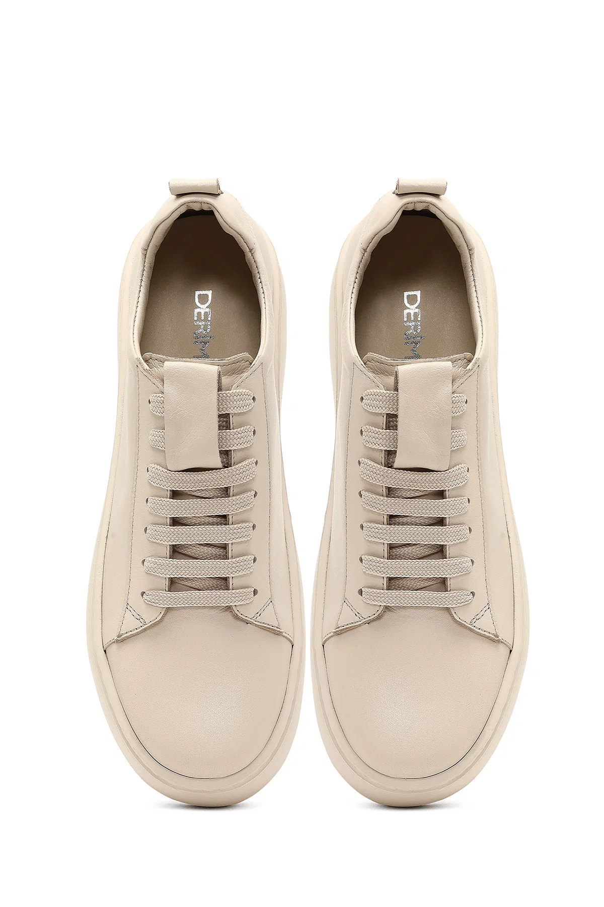 Kadın Bej Bağcıklı Kalın Tabanlı Deri Sneaker - Image 7