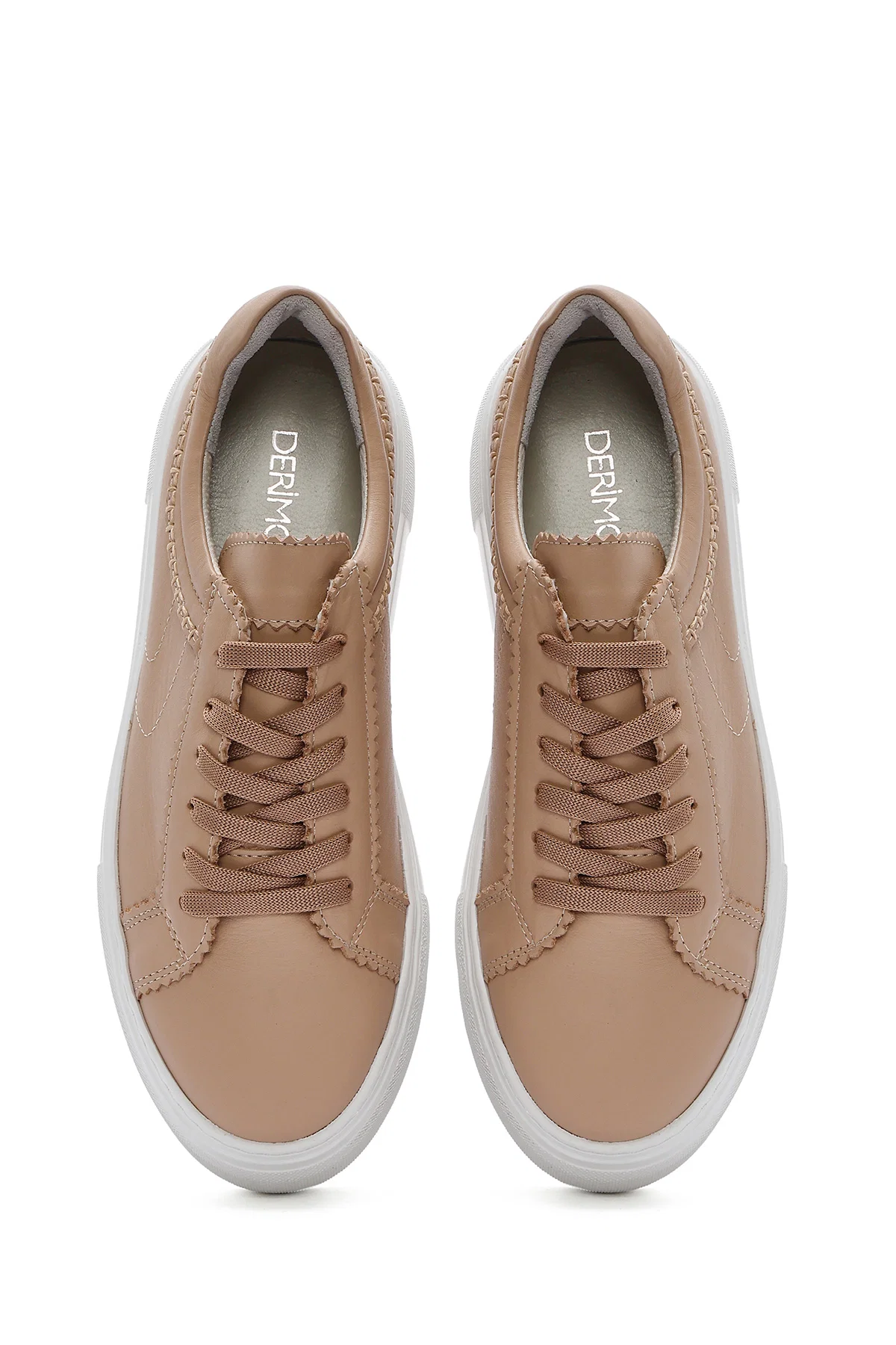Kadın Bej Bağcıklı Kalın Tabanlı Deri Sneaker - Image 6
