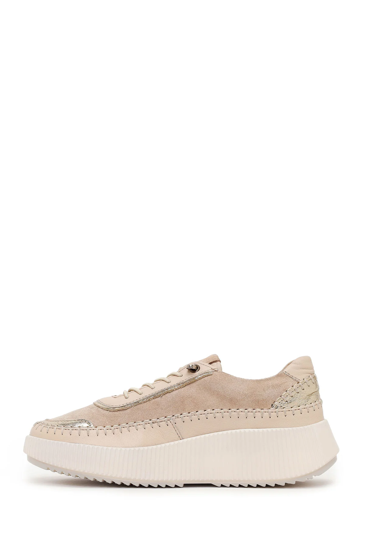 Kadın Bej Bağcıklı Kalın Tabanlı Deri Sneaker - Image 3