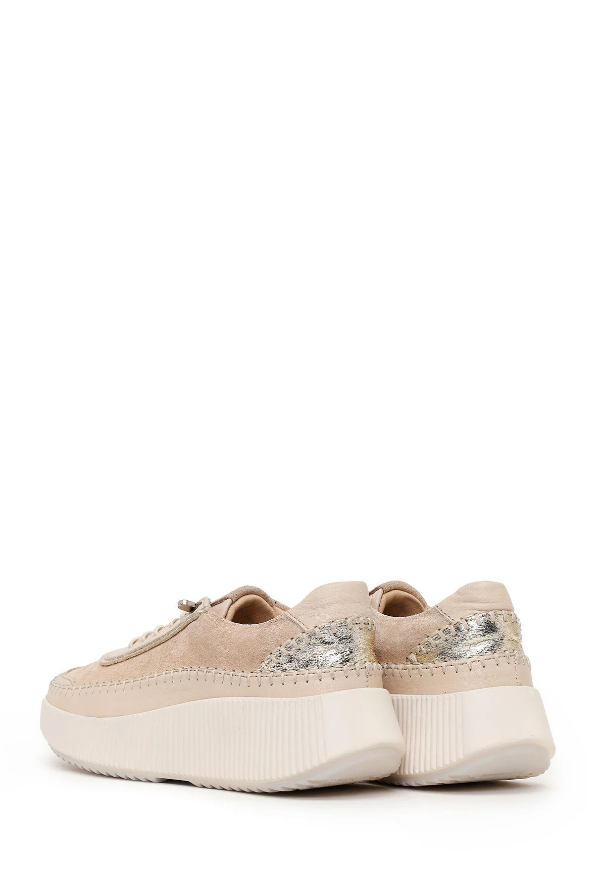 Kadın Bej Bağcıklı Kalın Tabanlı Deri Sneaker - Image 6