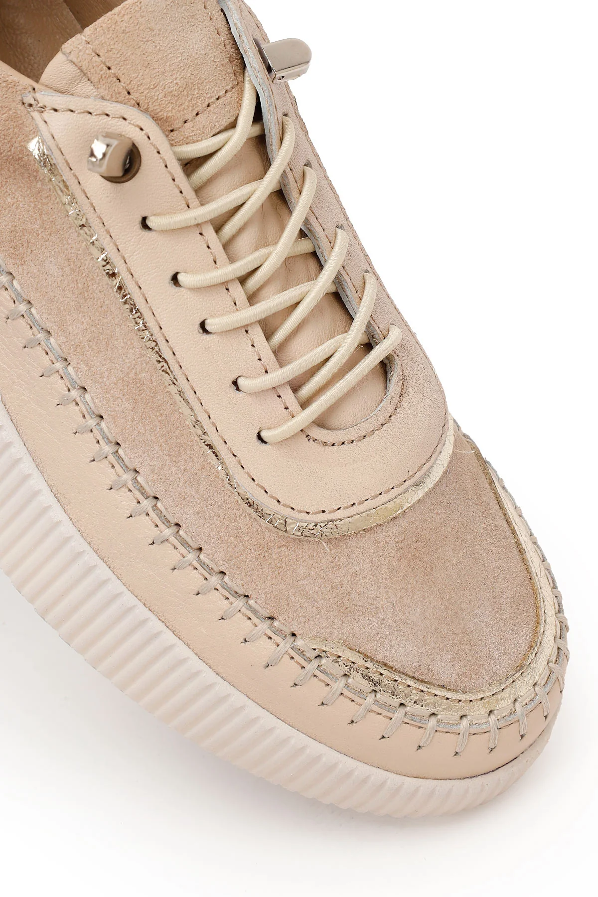 Kadın Bej Bağcıklı Kalın Tabanlı Deri Sneaker - Image 9