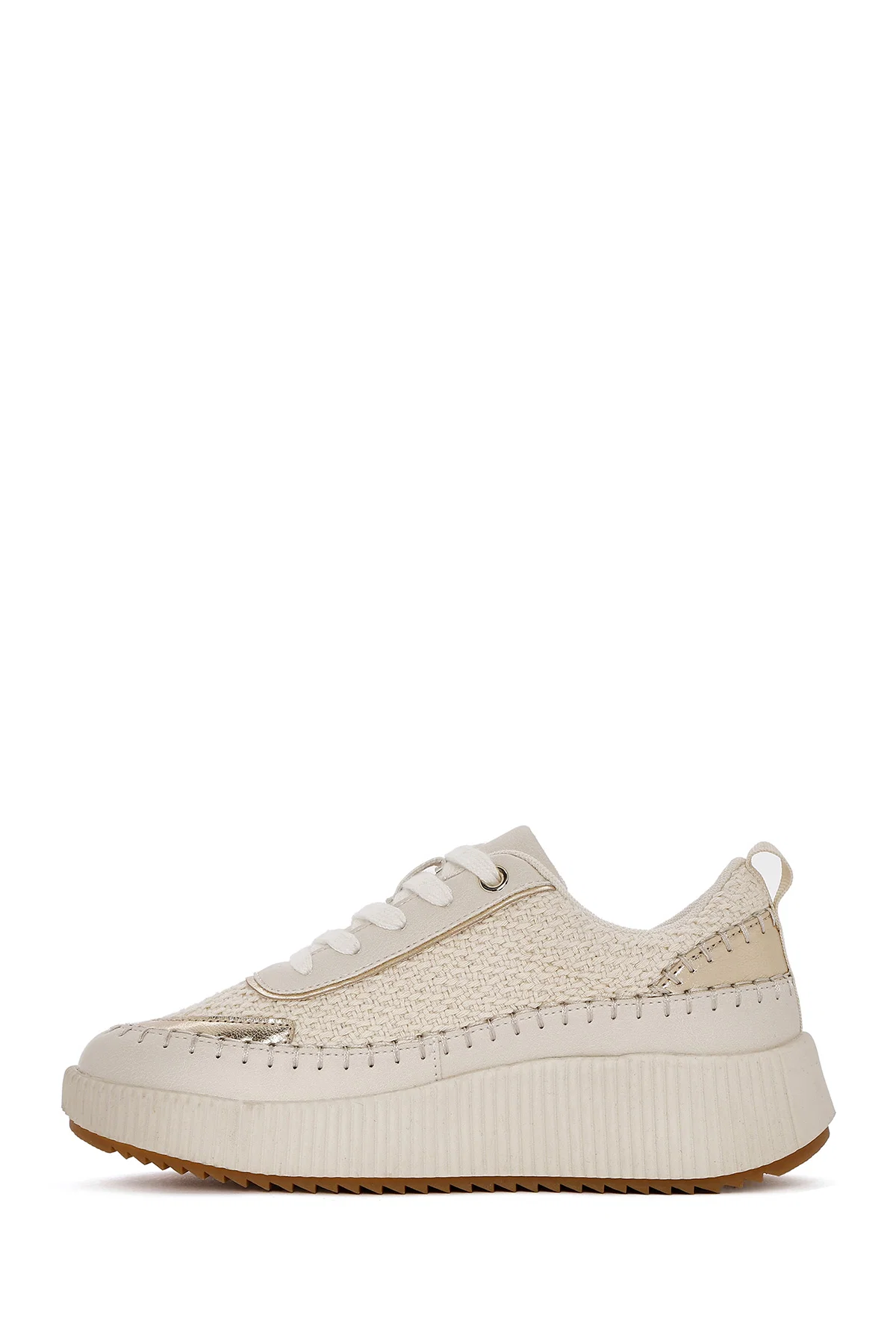 Kadın Bej Bağcıklı Kalın Tabanlı Örgülü Sneaker - Image 2