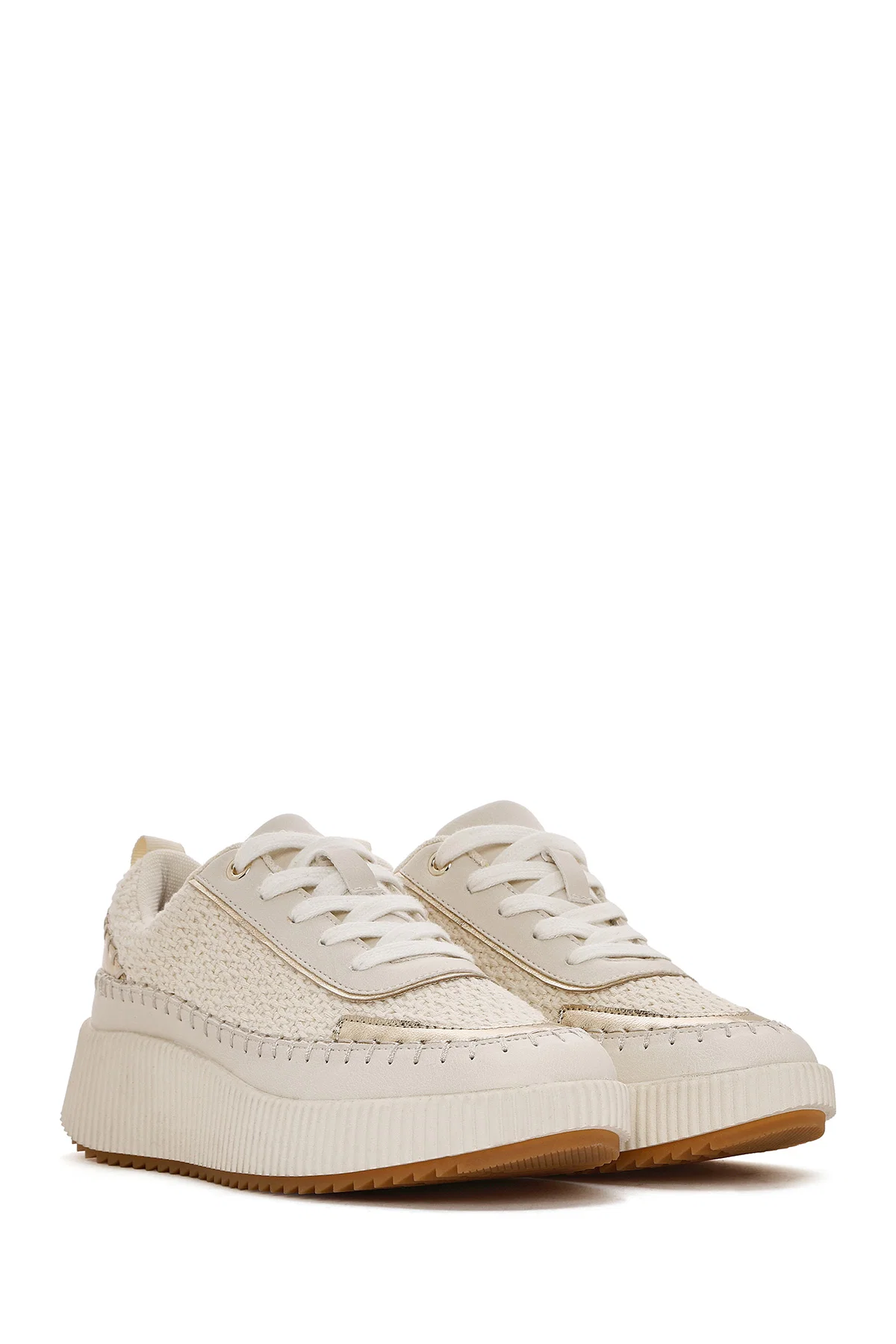 Kadın Bej Bağcıklı Kalın Tabanlı Örgülü Sneaker - Image 3