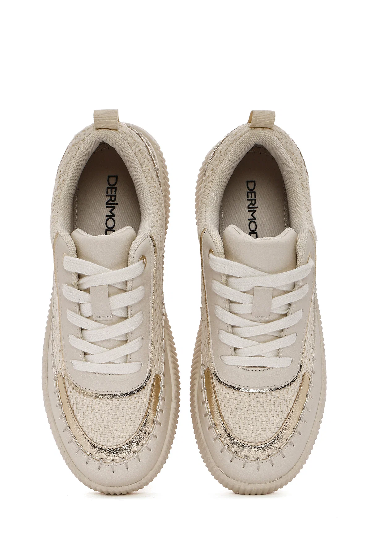 Kadın Bej Bağcıklı Kalın Tabanlı Örgülü Sneaker - Image 7