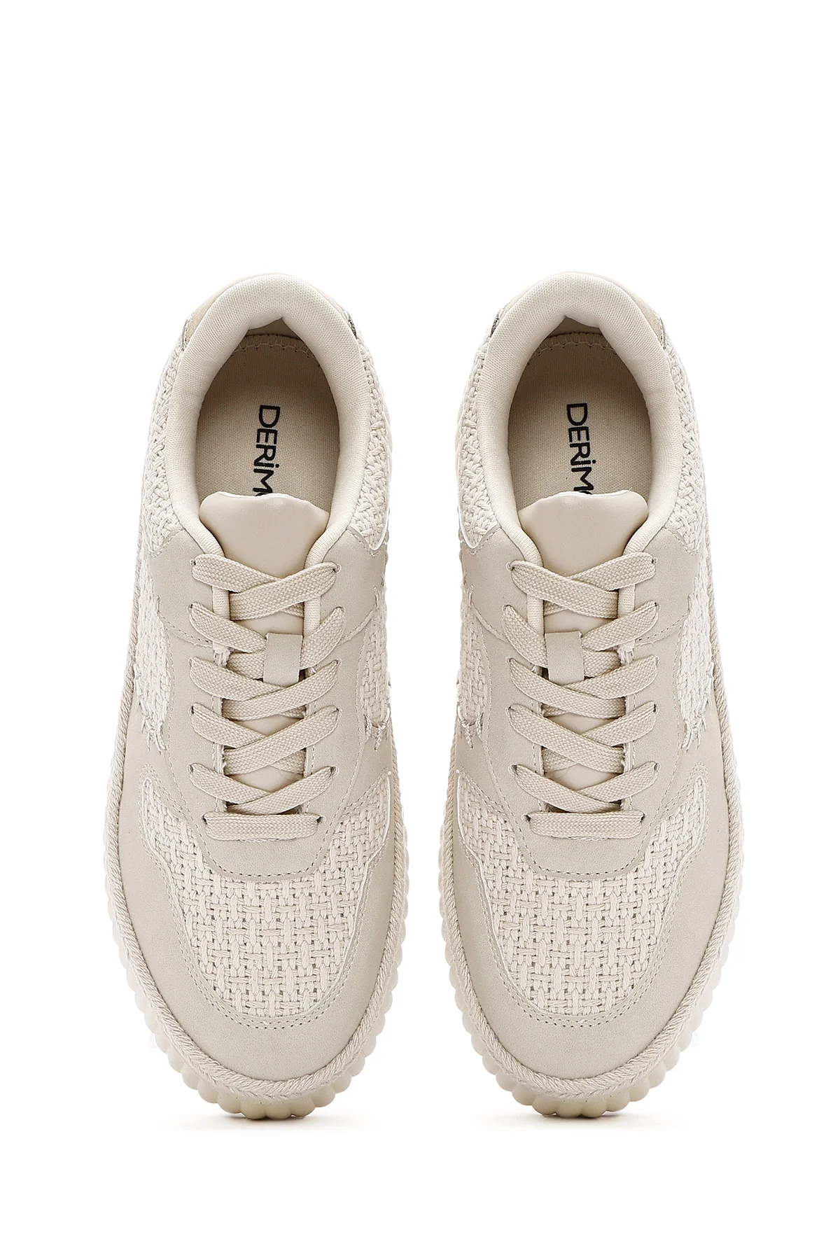 Kadın Bej Bağcıklı Kalın Tabanlı Örgülü Sneaker - Image 5