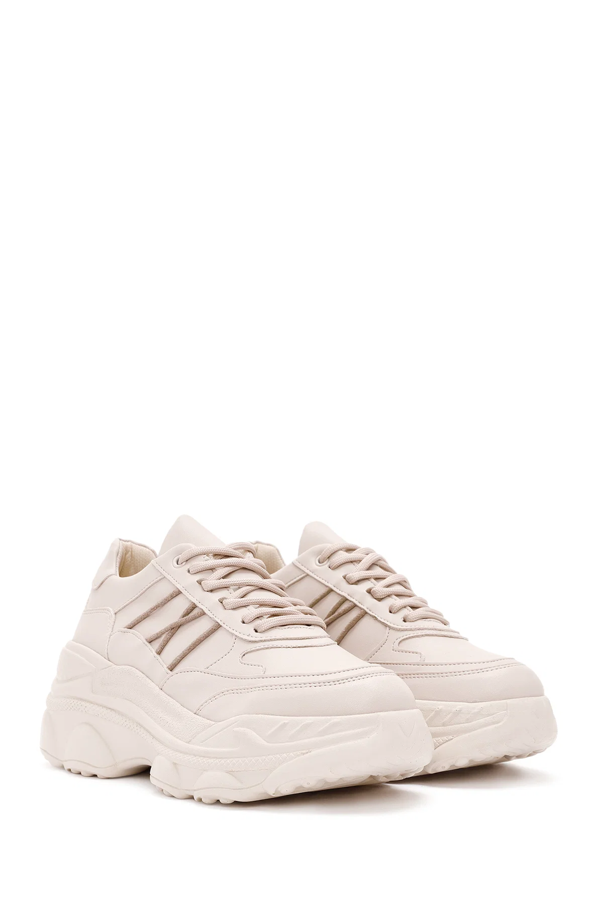 Kadın Bej Bağcıklı Kalın Tabanlı Sneaker - Image 3