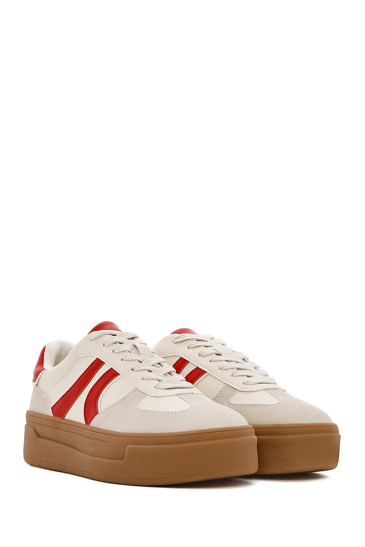 Kadın Bej Bağcıklı Kalın Tabanlı Sneaker - Image 3