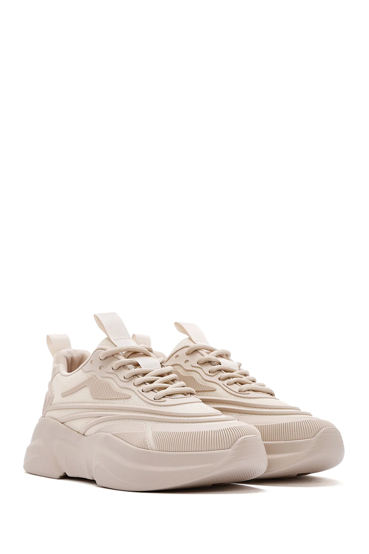 Kadın Bej Bağcıklı Kalın Tabanlı Sneaker - Image 3