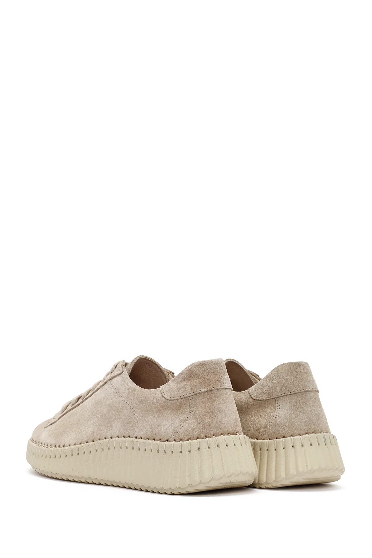 Kadın Bej Bağcıklı Kalın Tabanlı Süet Deri Sneaker - Image 5