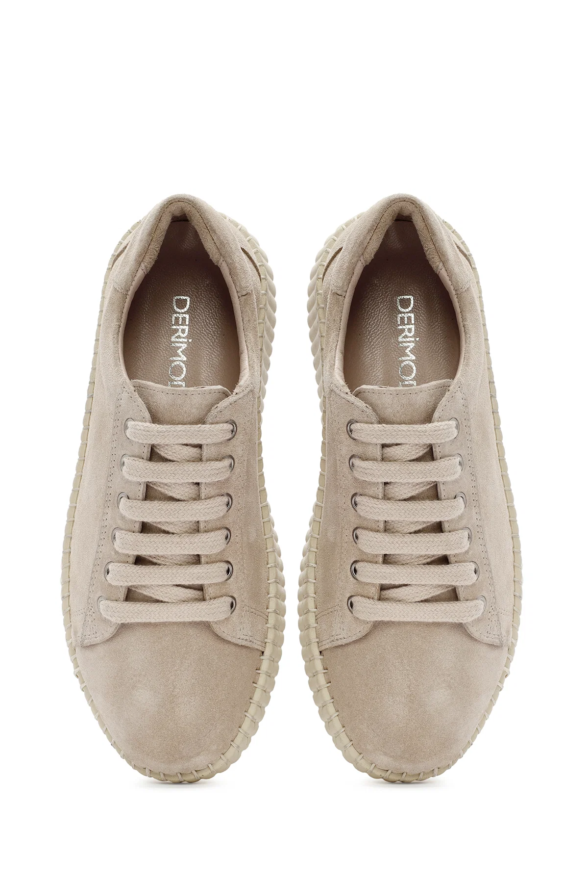 Kadın Bej Bağcıklı Kalın Tabanlı Süet Deri Sneaker - Image 7