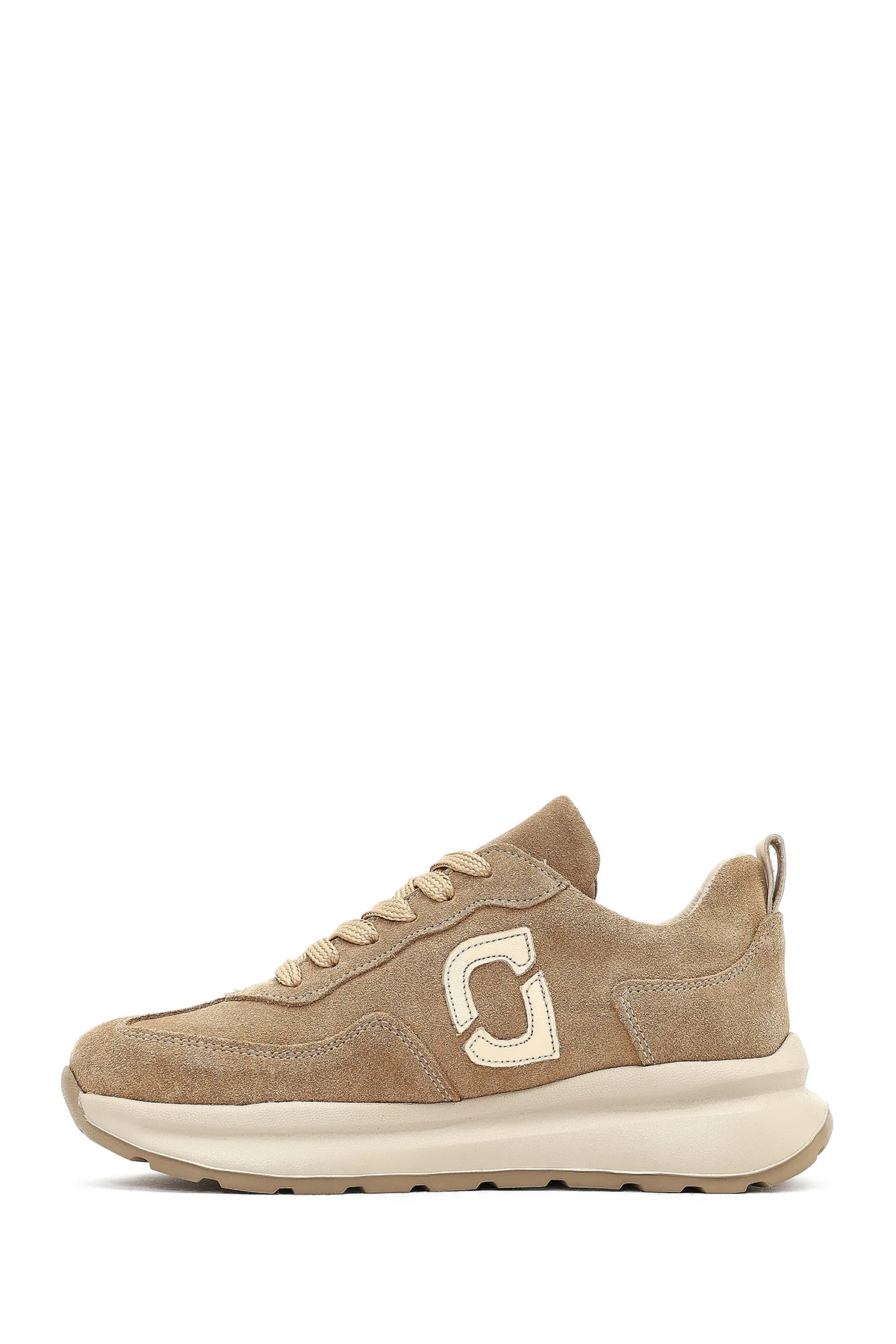 Kadın Bej Bağcıklı Kalın Tabanlı Süet Deri Sneaker - Image 2