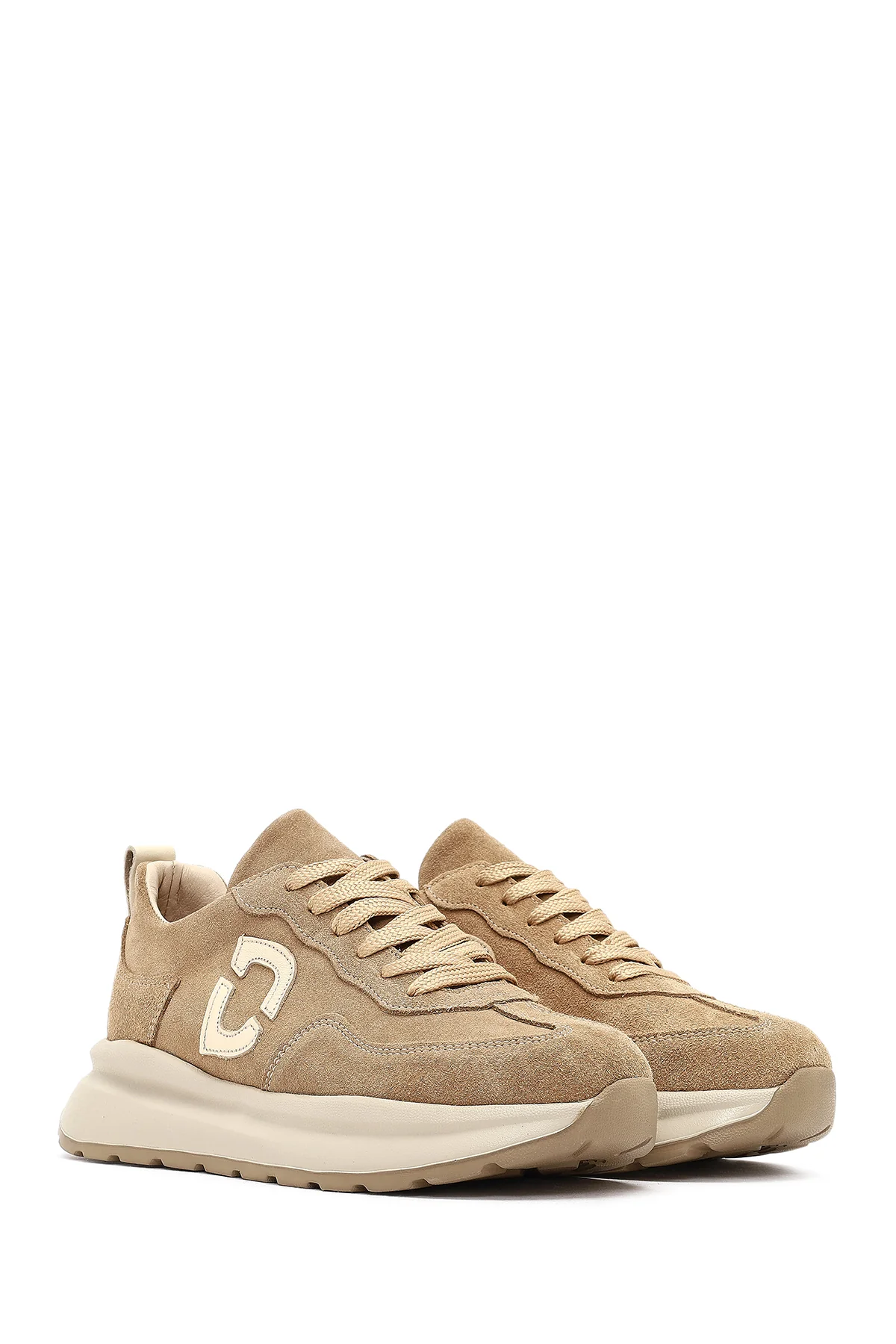 Kadın Bej Bağcıklı Kalın Tabanlı Süet Deri Sneaker - Image 3