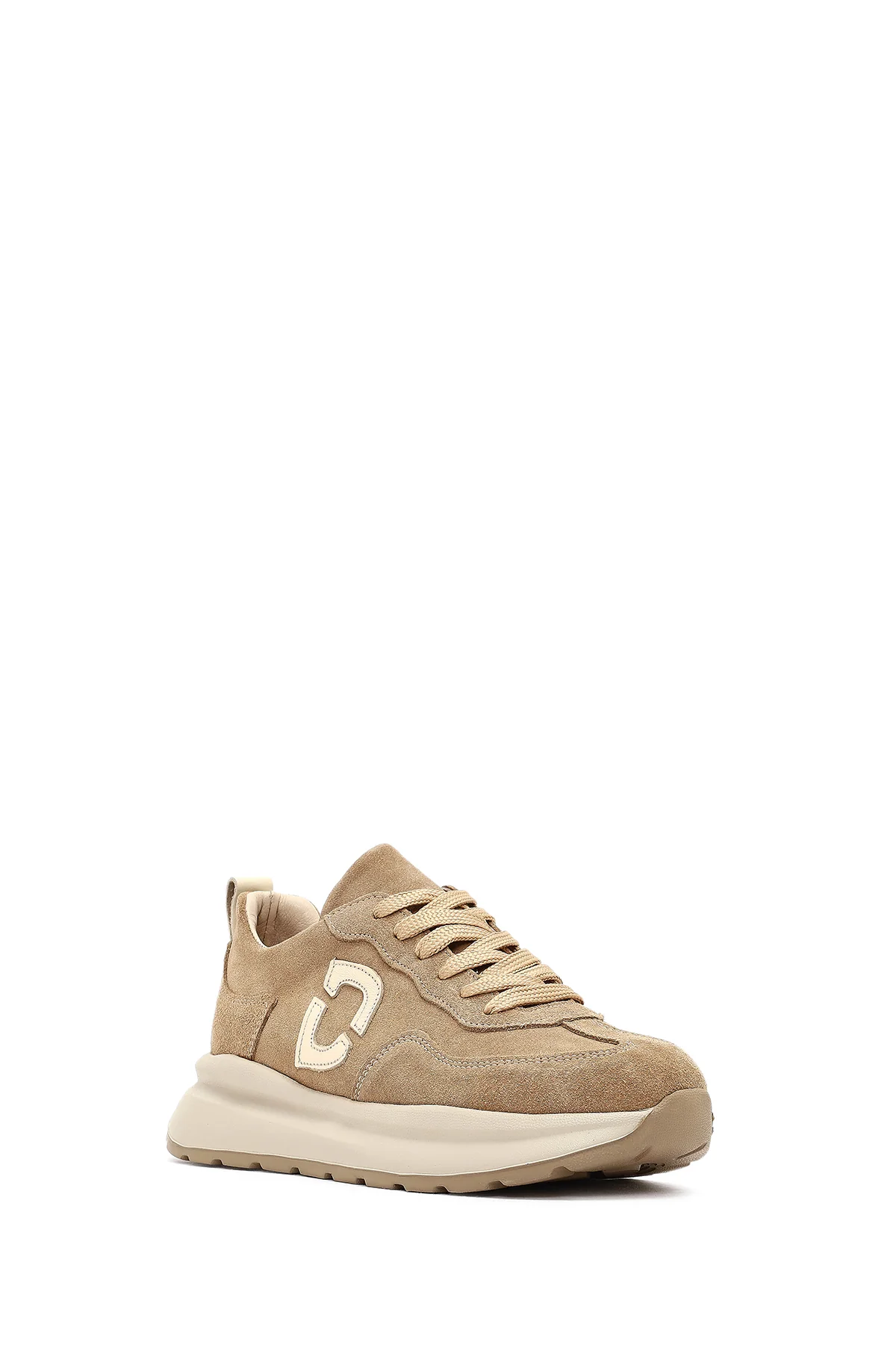 Kadın Bej Bağcıklı Kalın Tabanlı Süet Deri Sneaker - Image 6