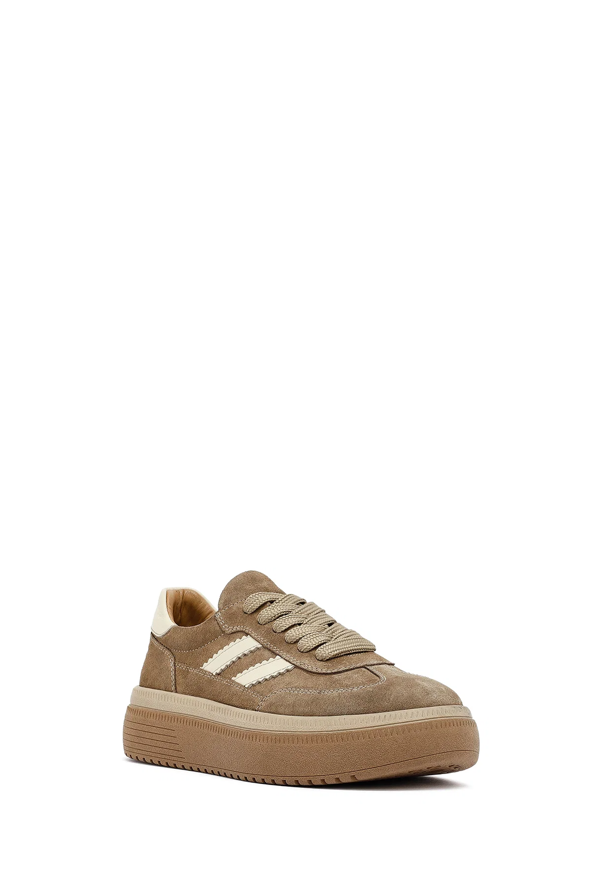 Kadın Bej Bağcıklı Kalın Tabanlı Süet Deri Sneaker - Image 6