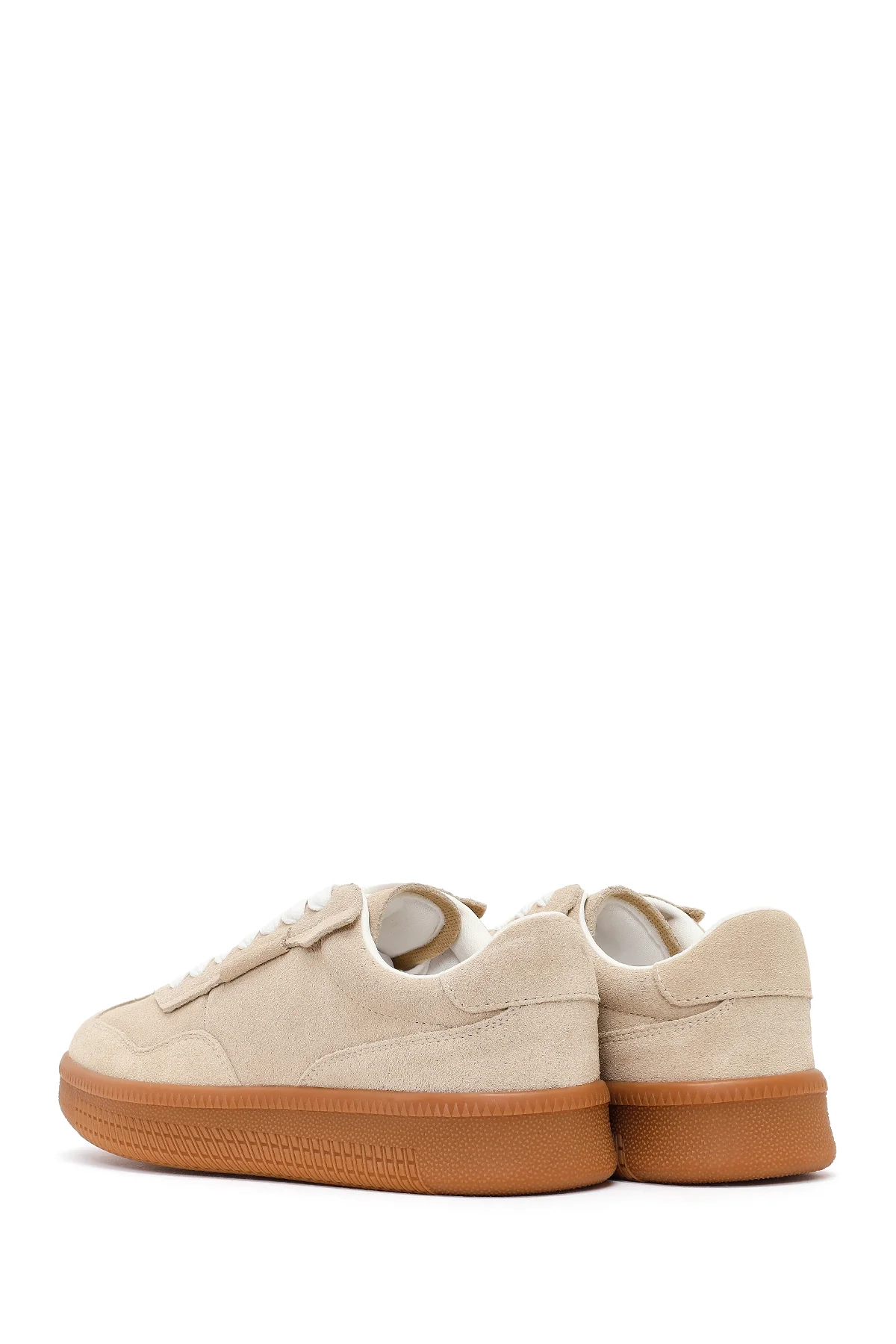 Kadın Bej Bağcıklı Kalın Tabanlı Süet Deri Sneaker - Image 6