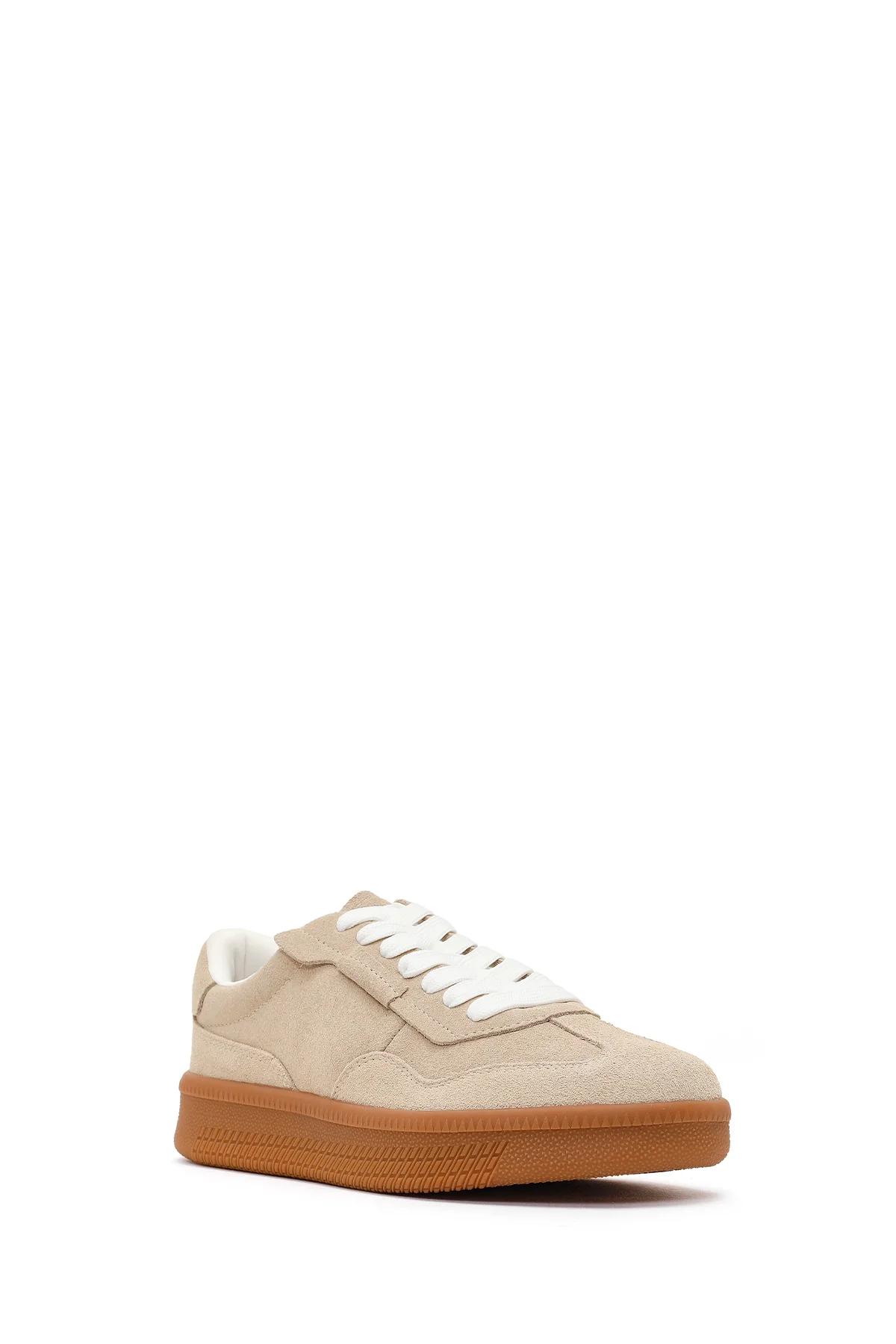 Kadın Bej Bağcıklı Kalın Tabanlı Süet Deri Sneaker - Image 7