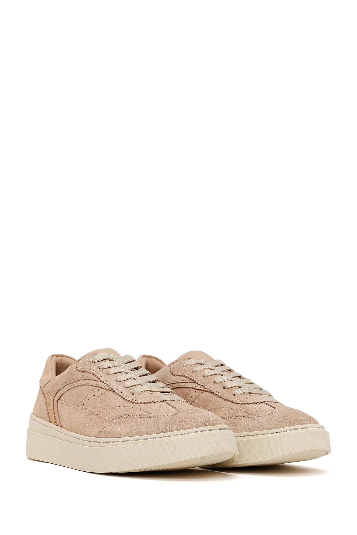 Kadın Bej Bağcıklı Kalın Tabanlı Süet Deri Sneaker - Image 2
