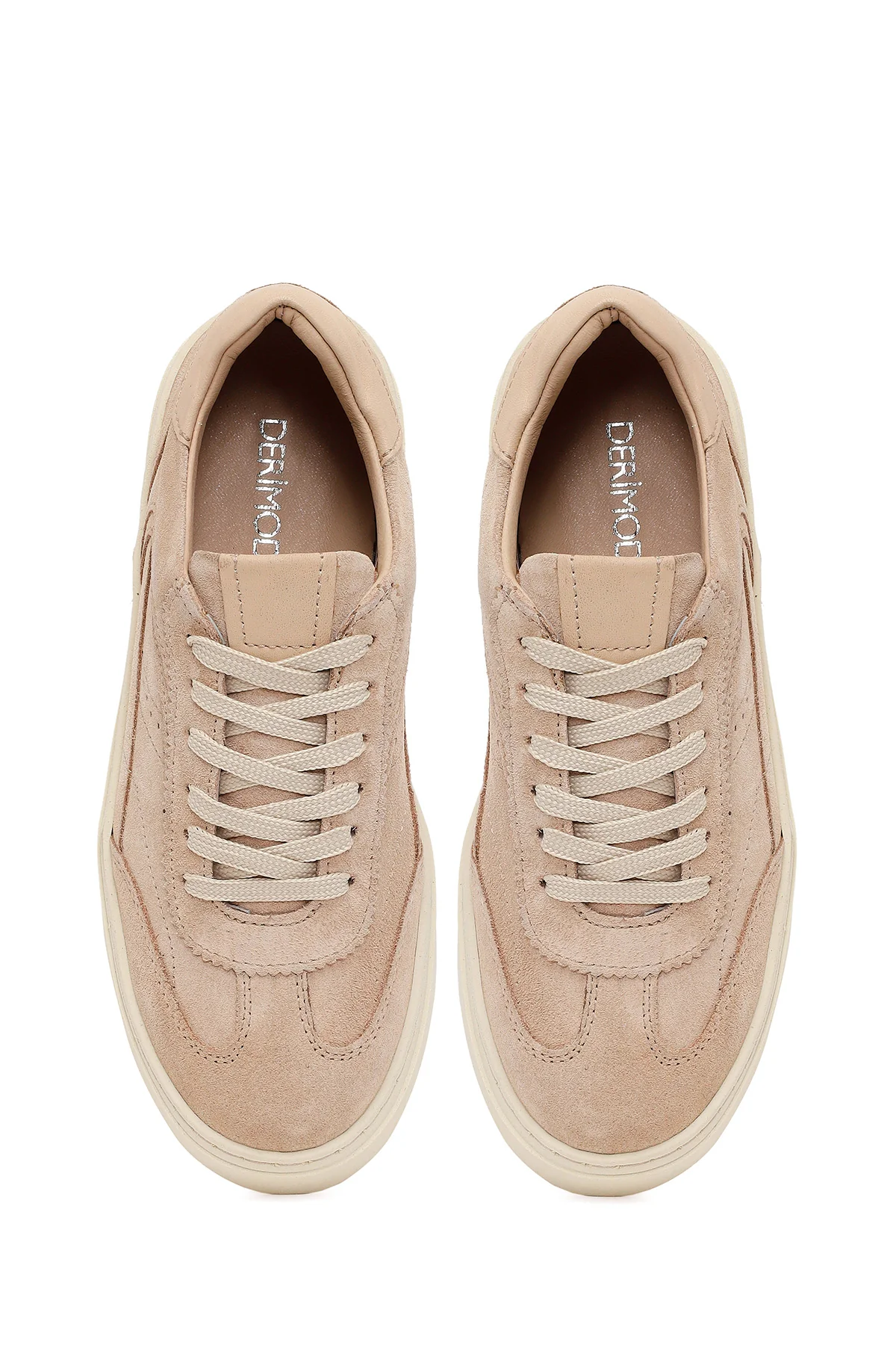 Kadın Bej Bağcıklı Kalın Tabanlı Süet Deri Sneaker - Image 4