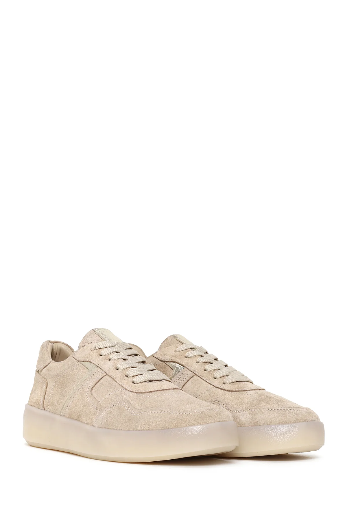Kadın Bej Bağcıklı Kalın Tabanlı Süet Deri Sneaker - Image 2