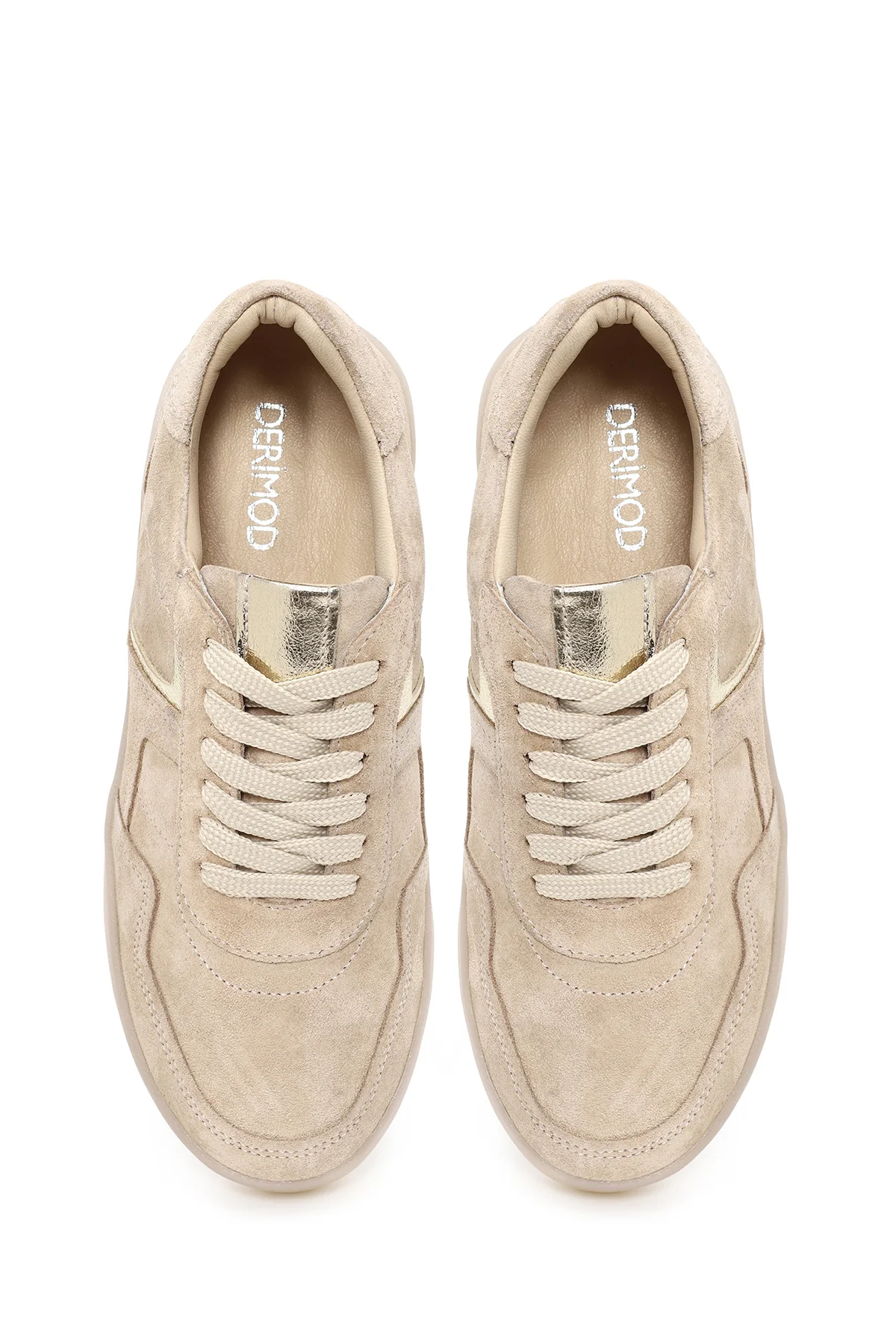 Kadın Bej Bağcıklı Kalın Tabanlı Süet Deri Sneaker - Image 4