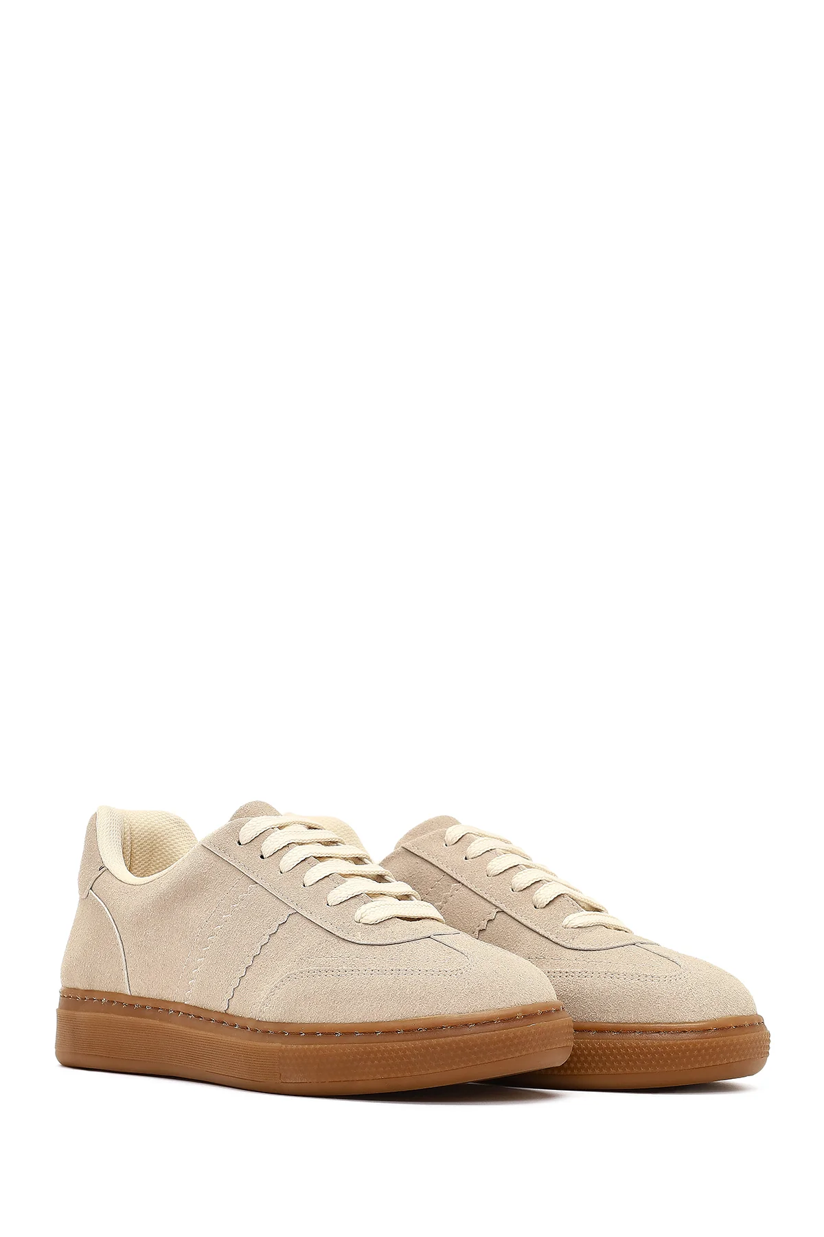 Kadın Bej Bağcıklı Kalın Tabanlı Süet Sneaker - Image 3