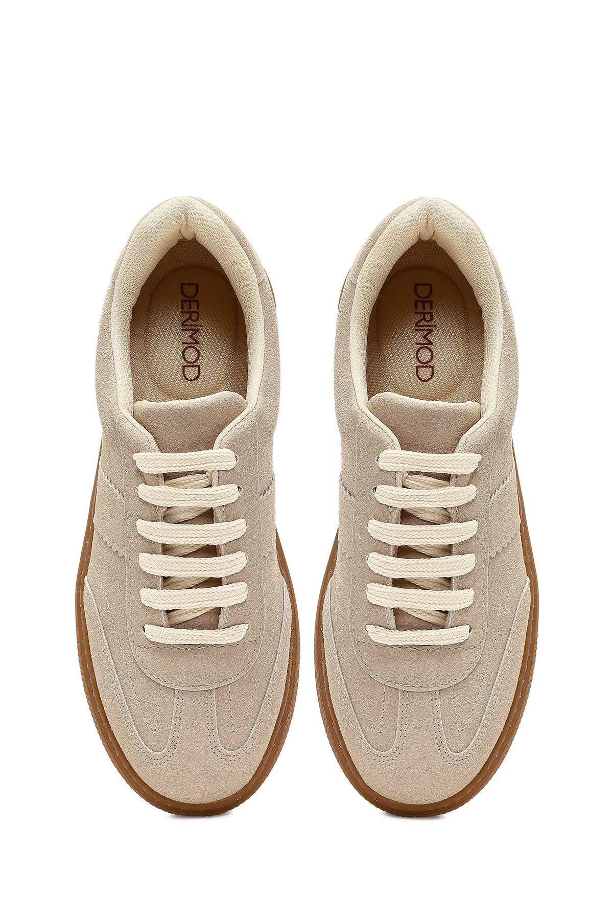 Kadın Bej Bağcıklı Kalın Tabanlı Süet Sneaker - Image 7