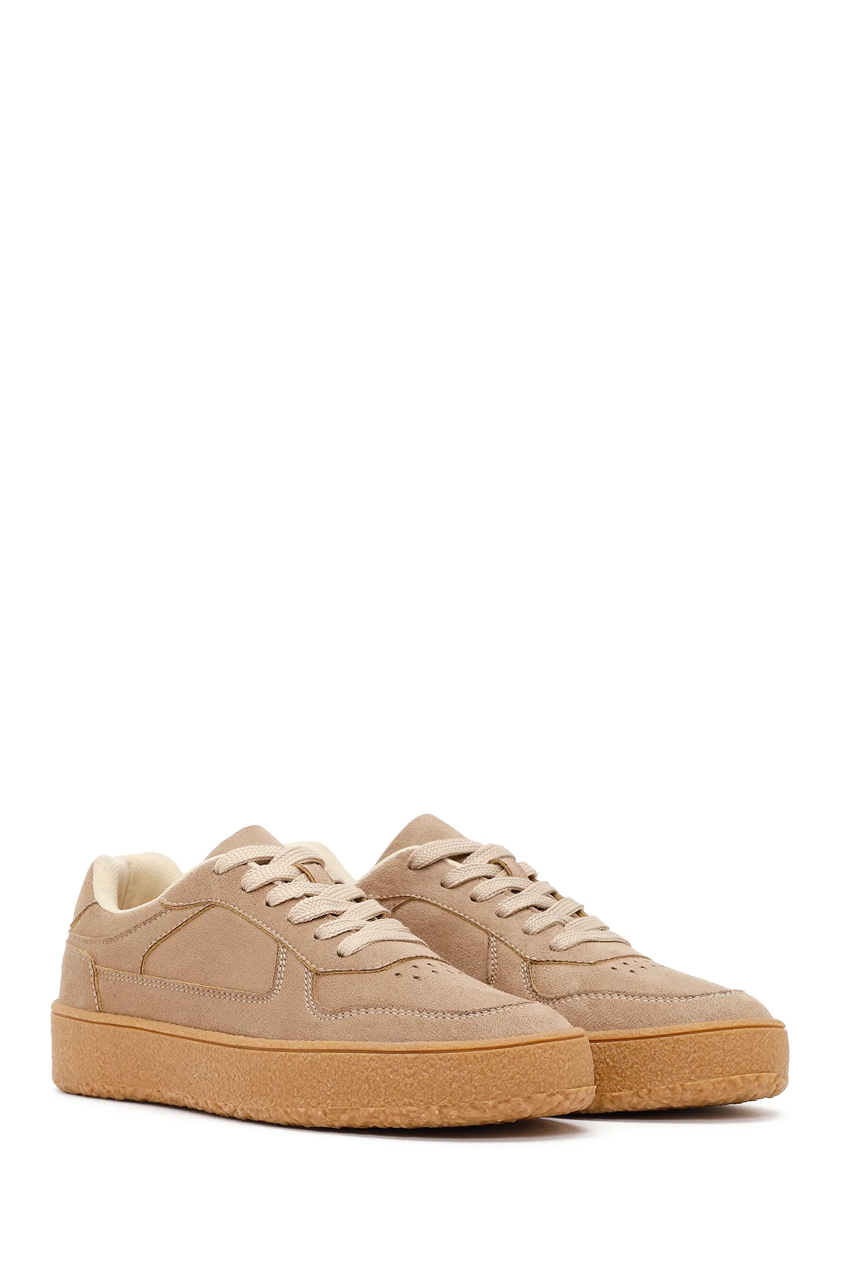 Kadın Bej Bağcıklı Kalın Tabanlı Süet Sneaker - Image 3