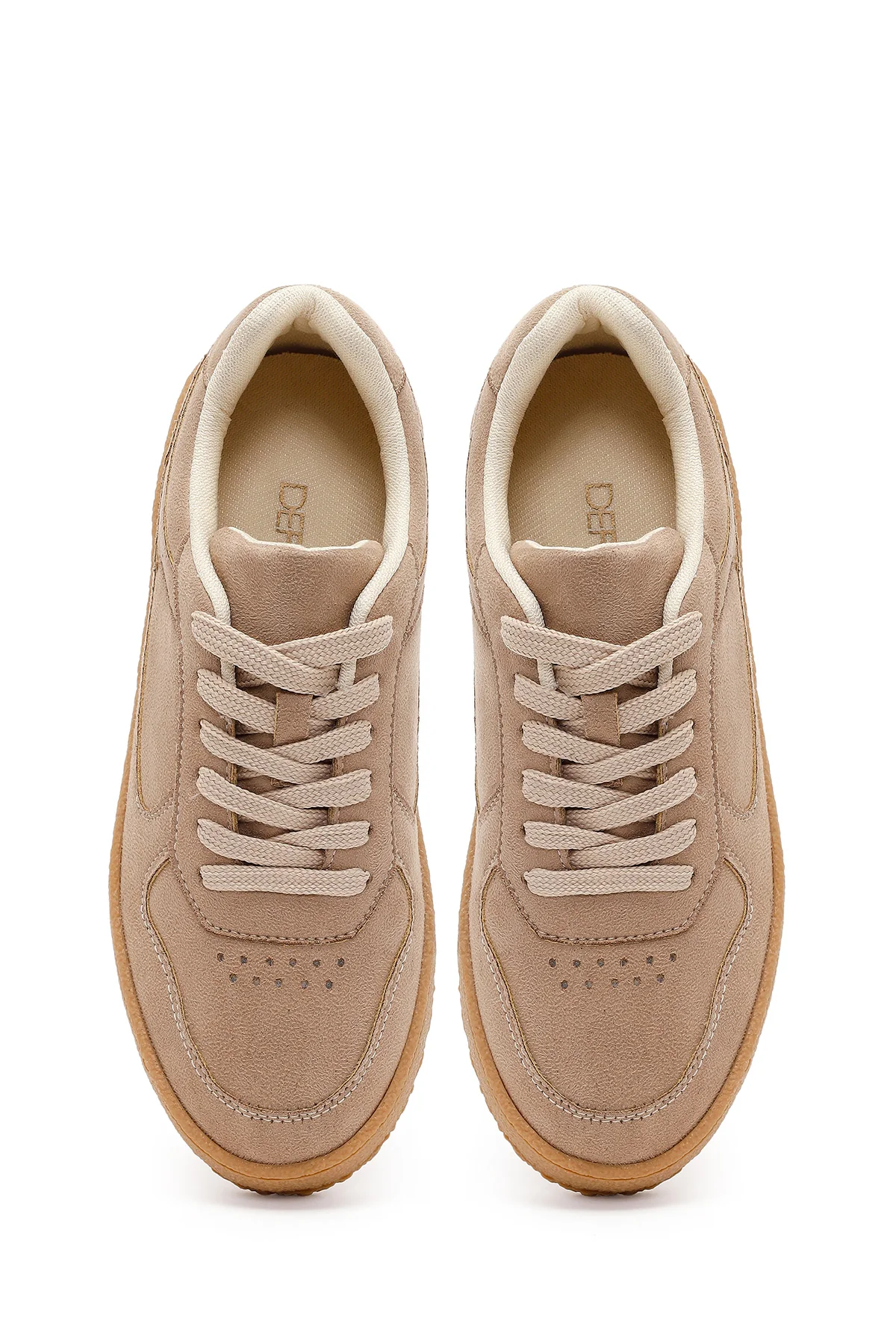 Kadın Bej Bağcıklı Kalın Tabanlı Süet Sneaker - Image 5