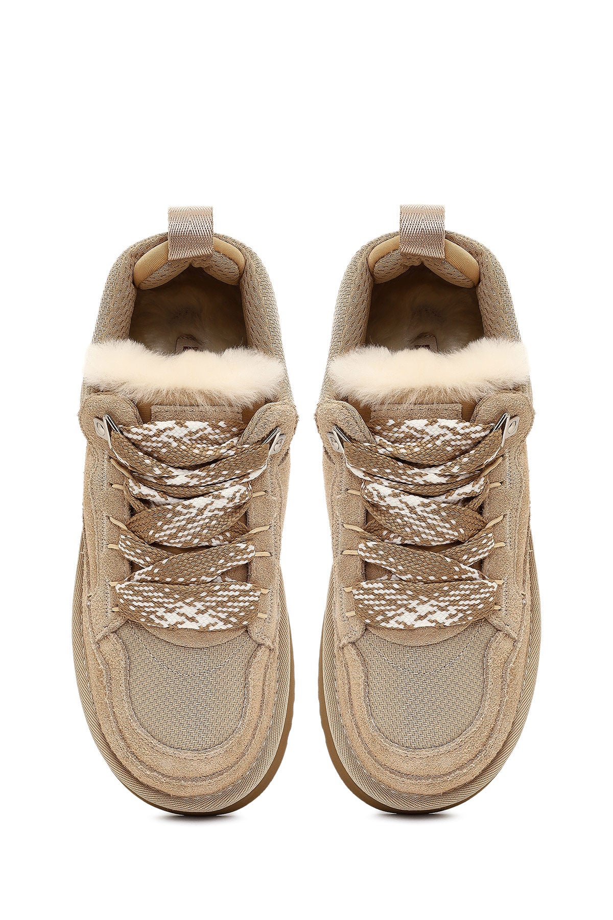 Kadın Bej Bağcıklı Kalın Tabanlı Tüylü Süet Deri Teddy Sneaker - Image 5