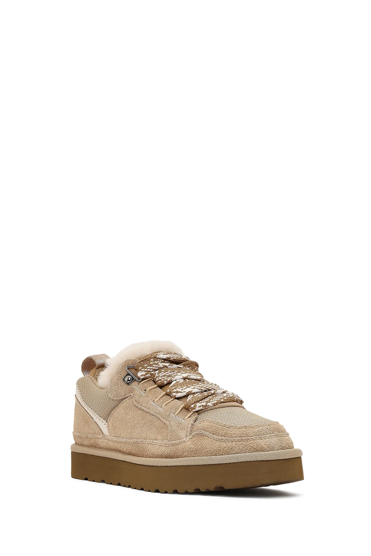 Kadın Bej Bağcıklı Kalın Tabanlı Tüylü Süet Deri Teddy Sneaker - Image 8