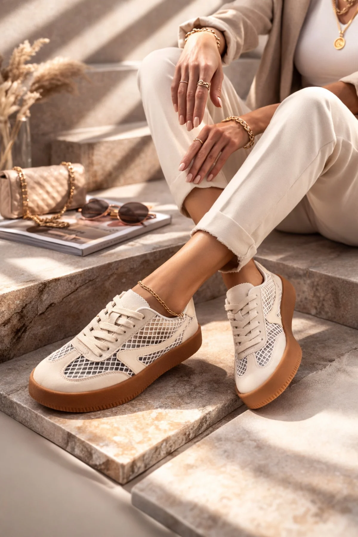 Kadın Bej Bağcıklı Kumaş Sneaker - Image 2
