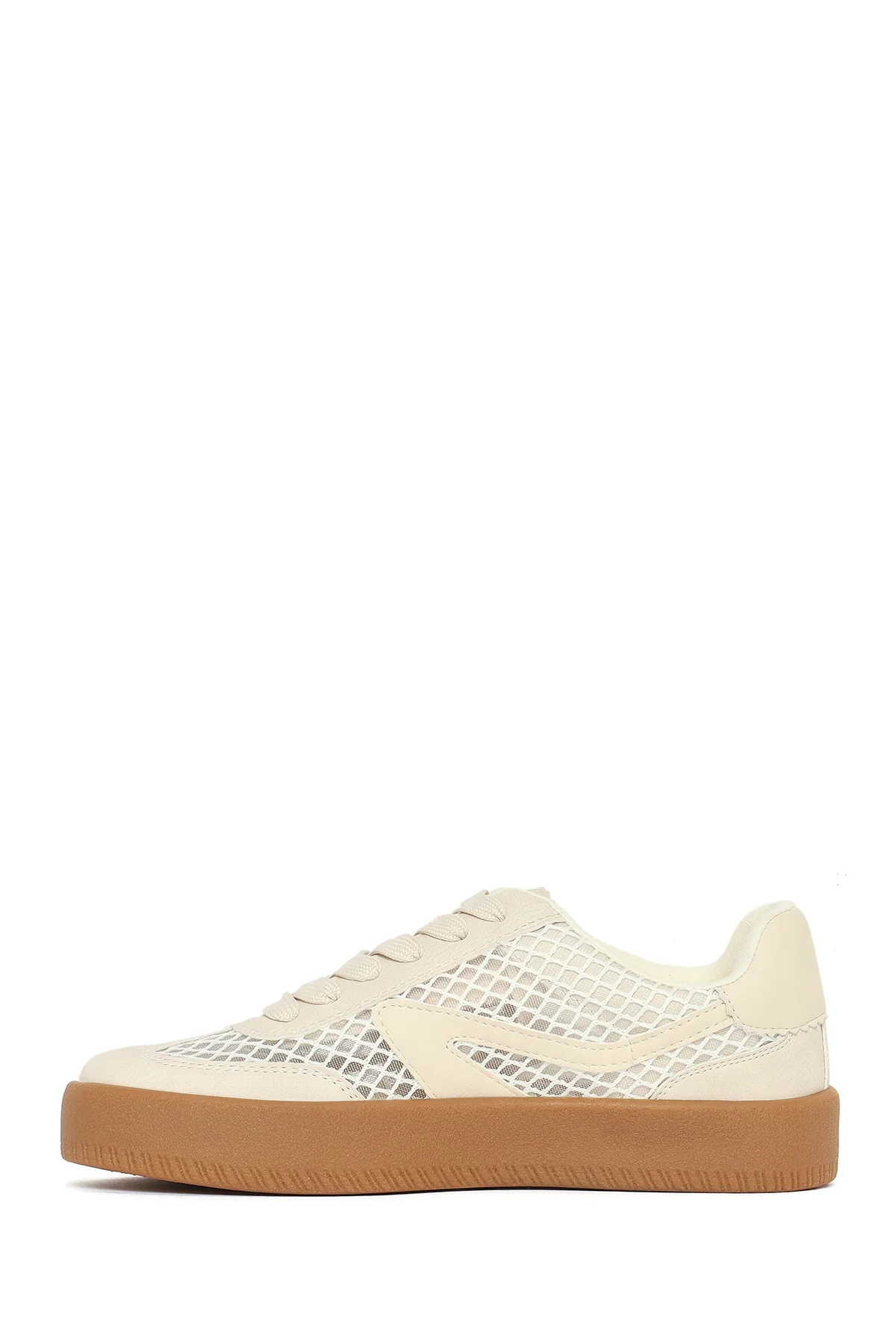 Kadın Bej Bağcıklı Kumaş Sneaker - Image 4