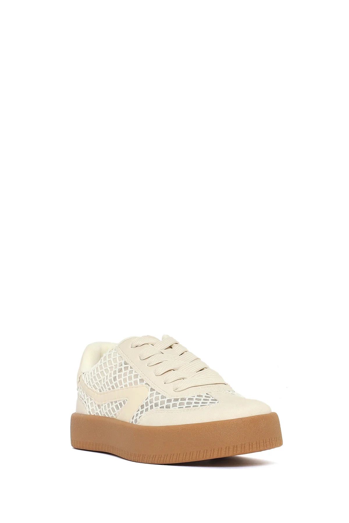 Kadın Bej Bağcıklı Kumaş Sneaker - Image 7