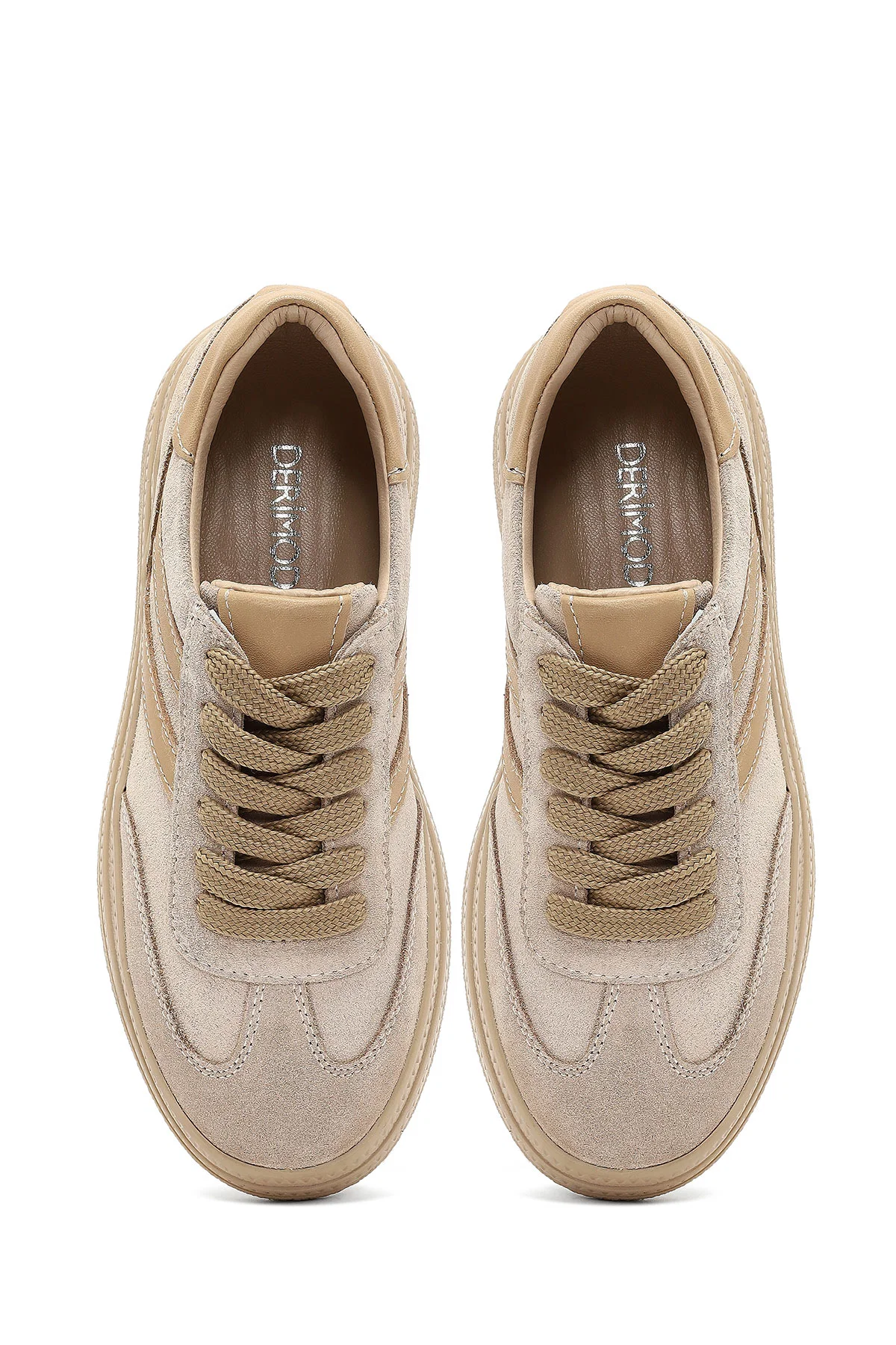 Kadın Bej Bağcıklı Süet Deri Sneaker - Image 7