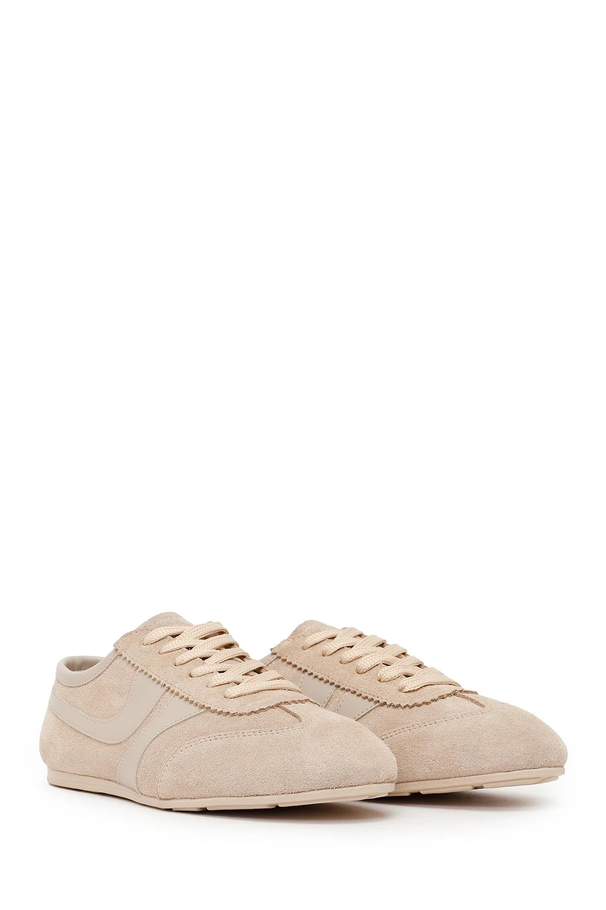 Kadın Bej Bağcıklı Süet Deri Sneaker - Image 2