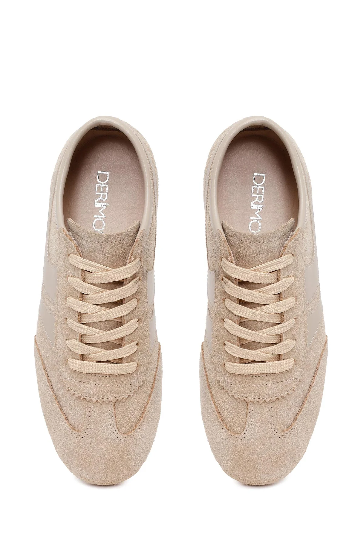 Kadın Bej Bağcıklı Süet Deri Sneaker - Image 4