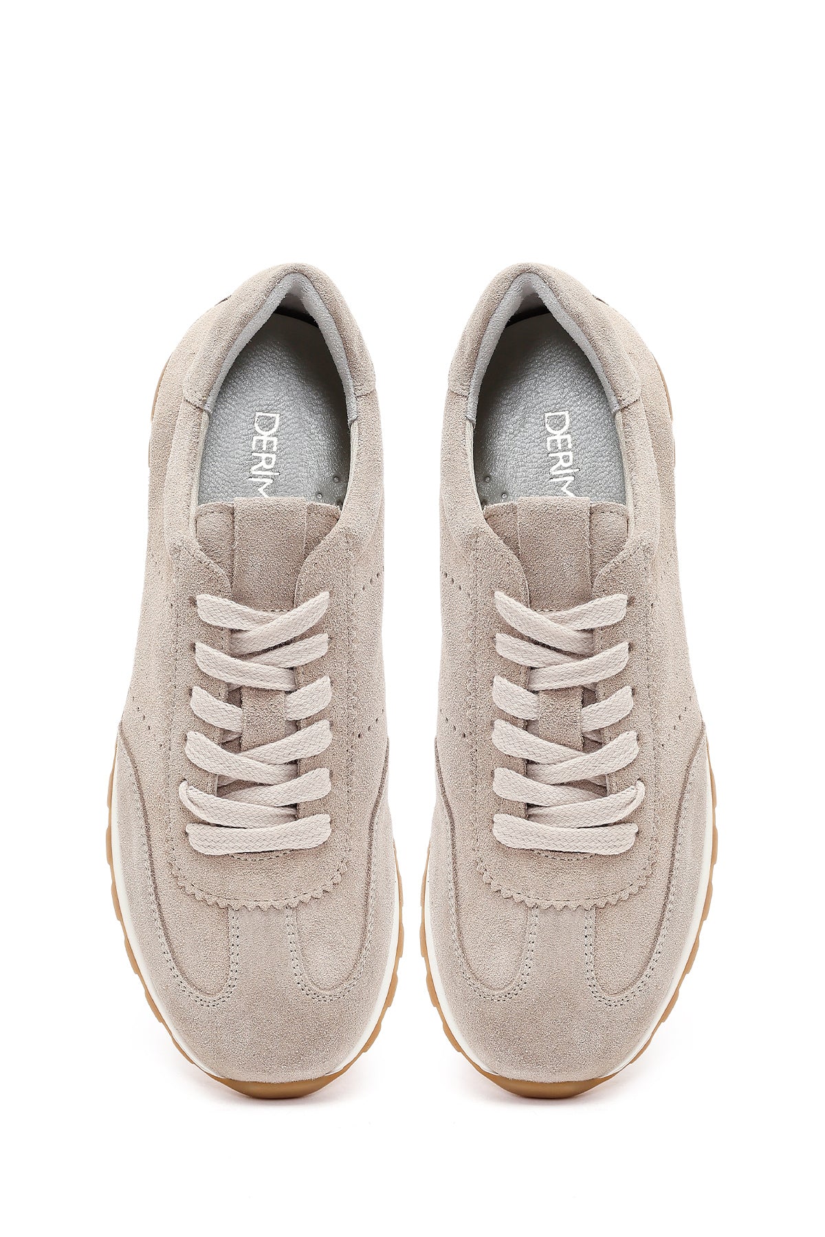 Kadın Bej Bağcıklı Süet Deri Sneaker - Image 4